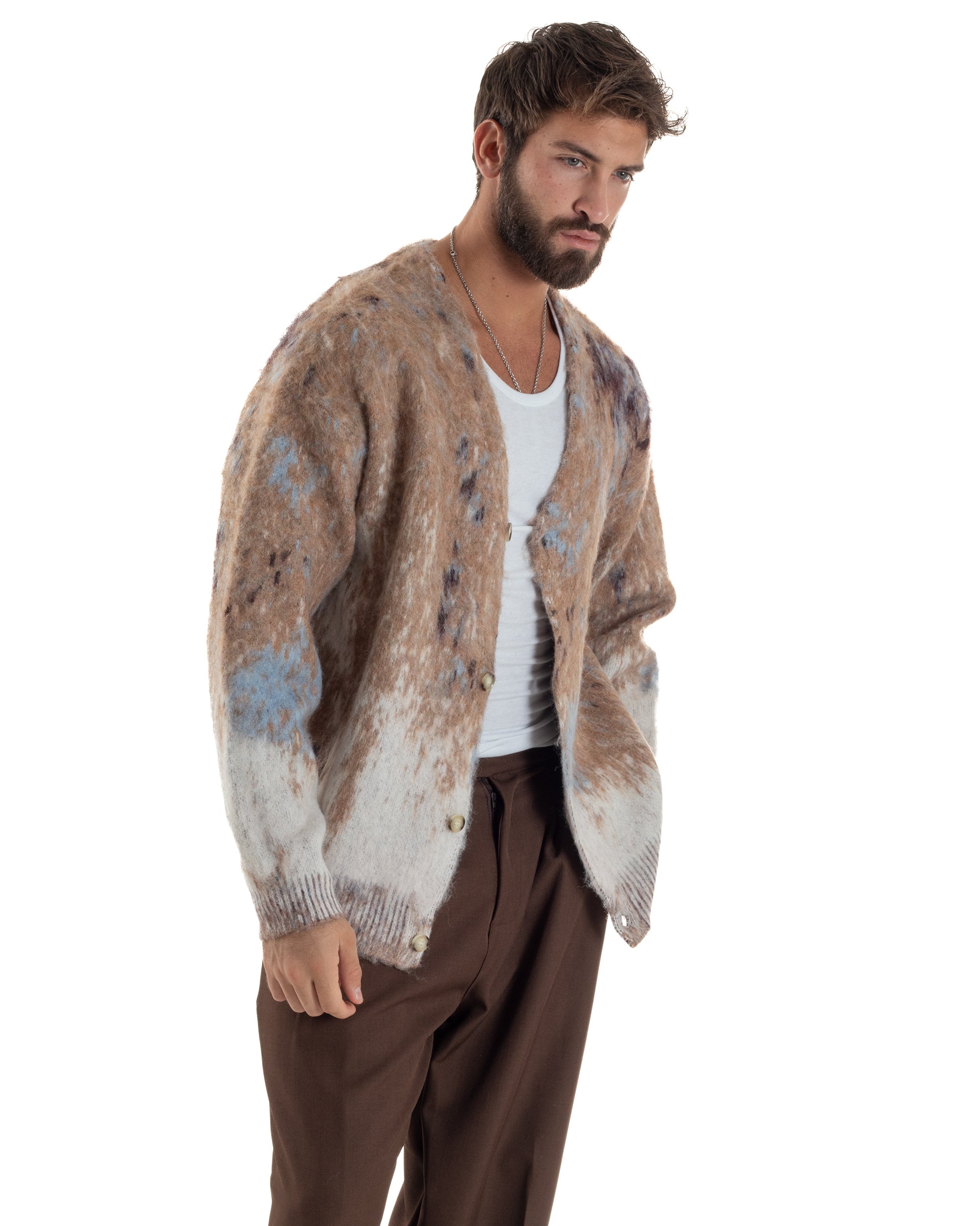 Cardigan Uomo Maglia Mohair Morbida Spalle Scese Fantasia Sfumata Multicolore Beige M3080A