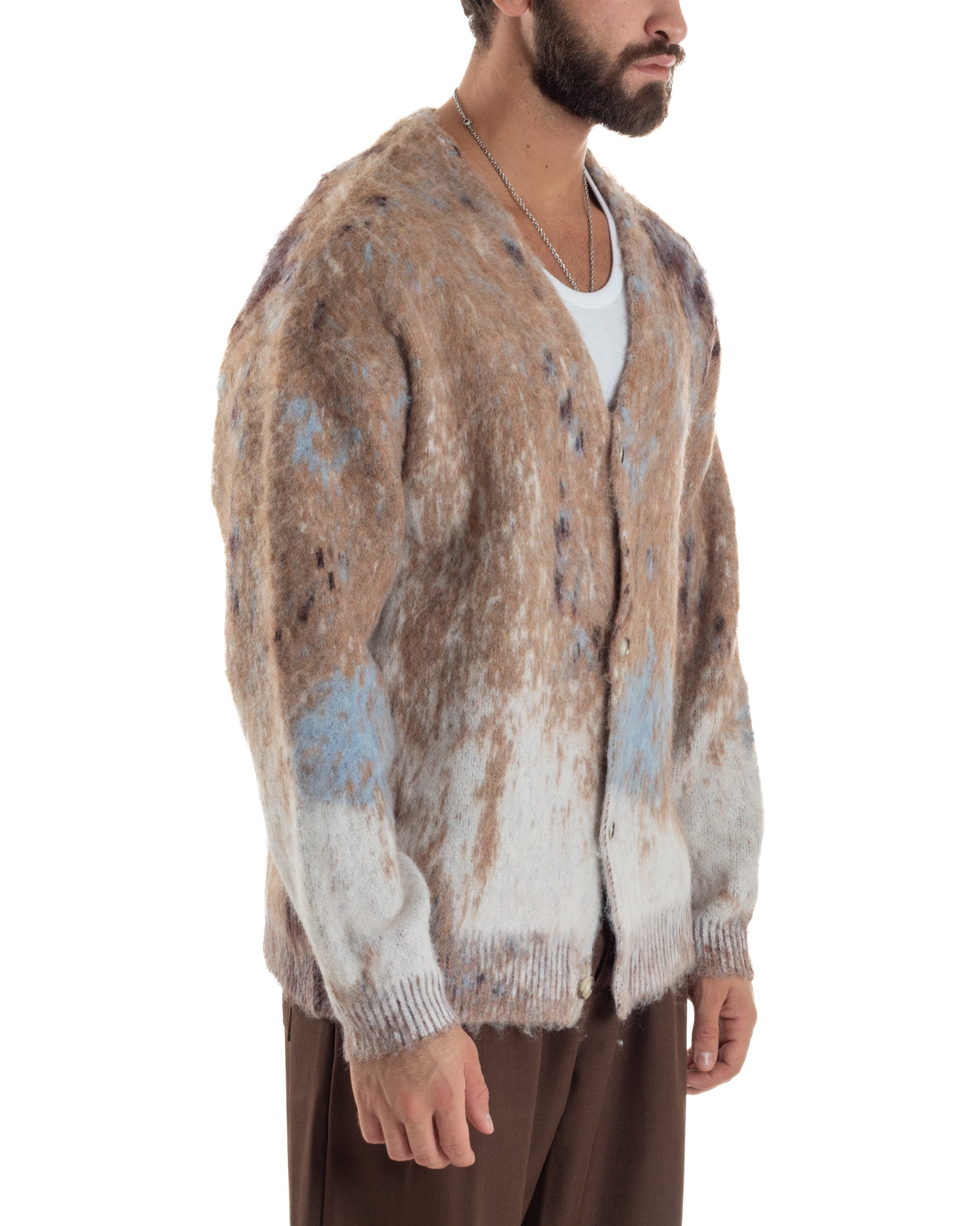 Cardigan Uomo Maglia Mohair Morbida Spalle Scese Fantasia Sfumata Multicolore Beige M3080A