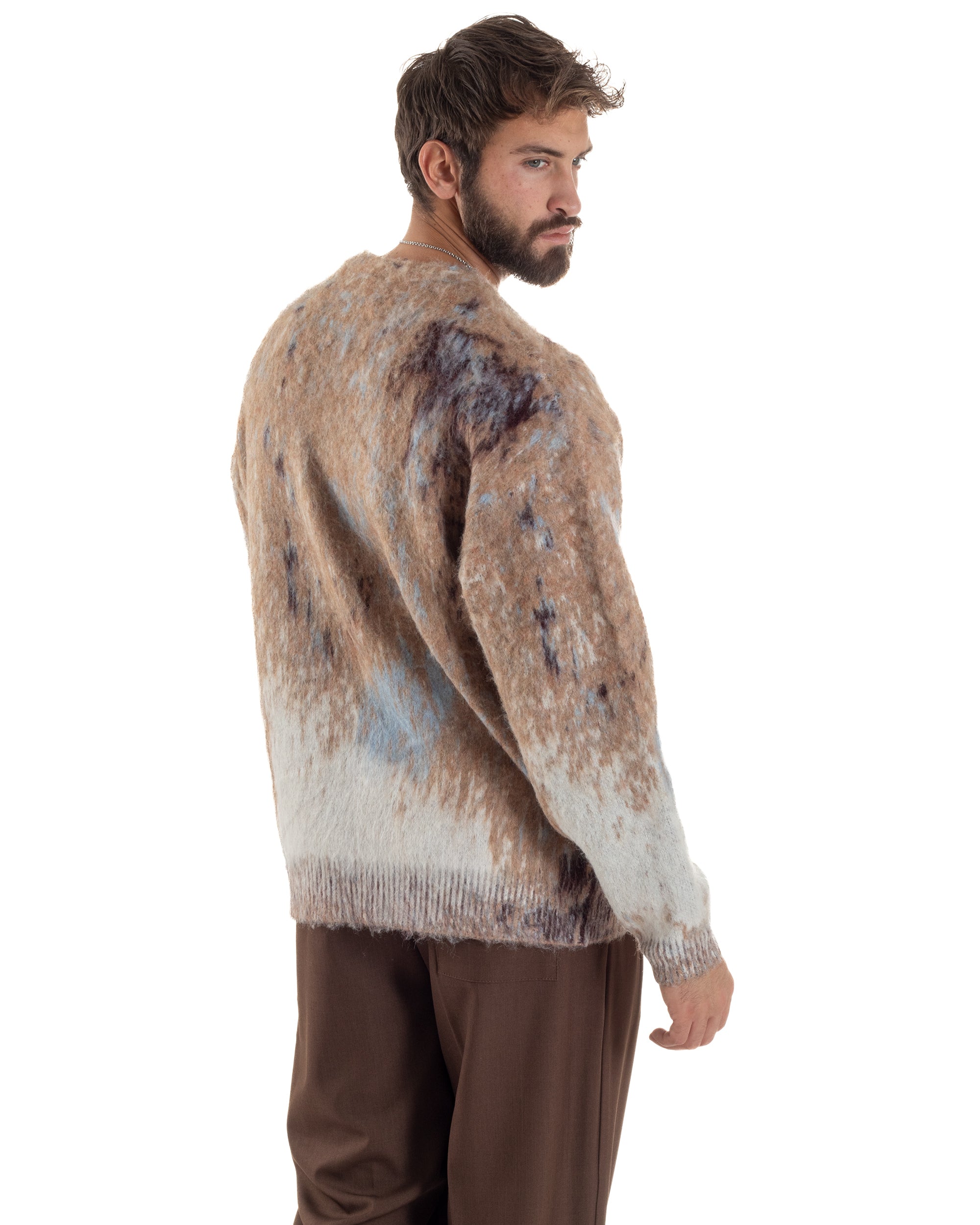 Cardigan Uomo Maglia Mohair Morbida Spalle Scese Fantasia Sfumata Multicolore Beige M3080A