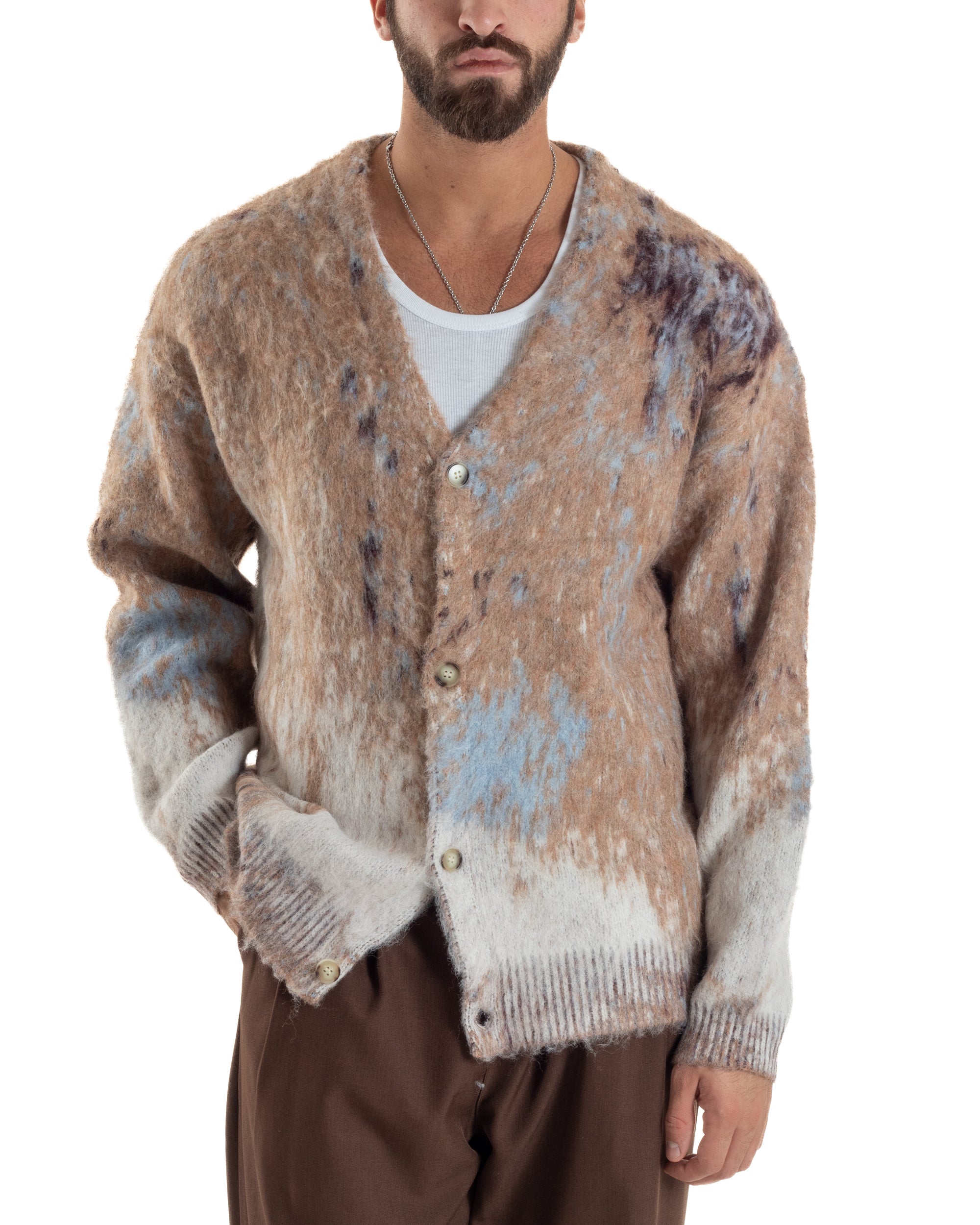 Cardigan Uomo Maglia Mohair Morbida Spalle Scese Fantasia Sfumata Multicolore Beige M3080A