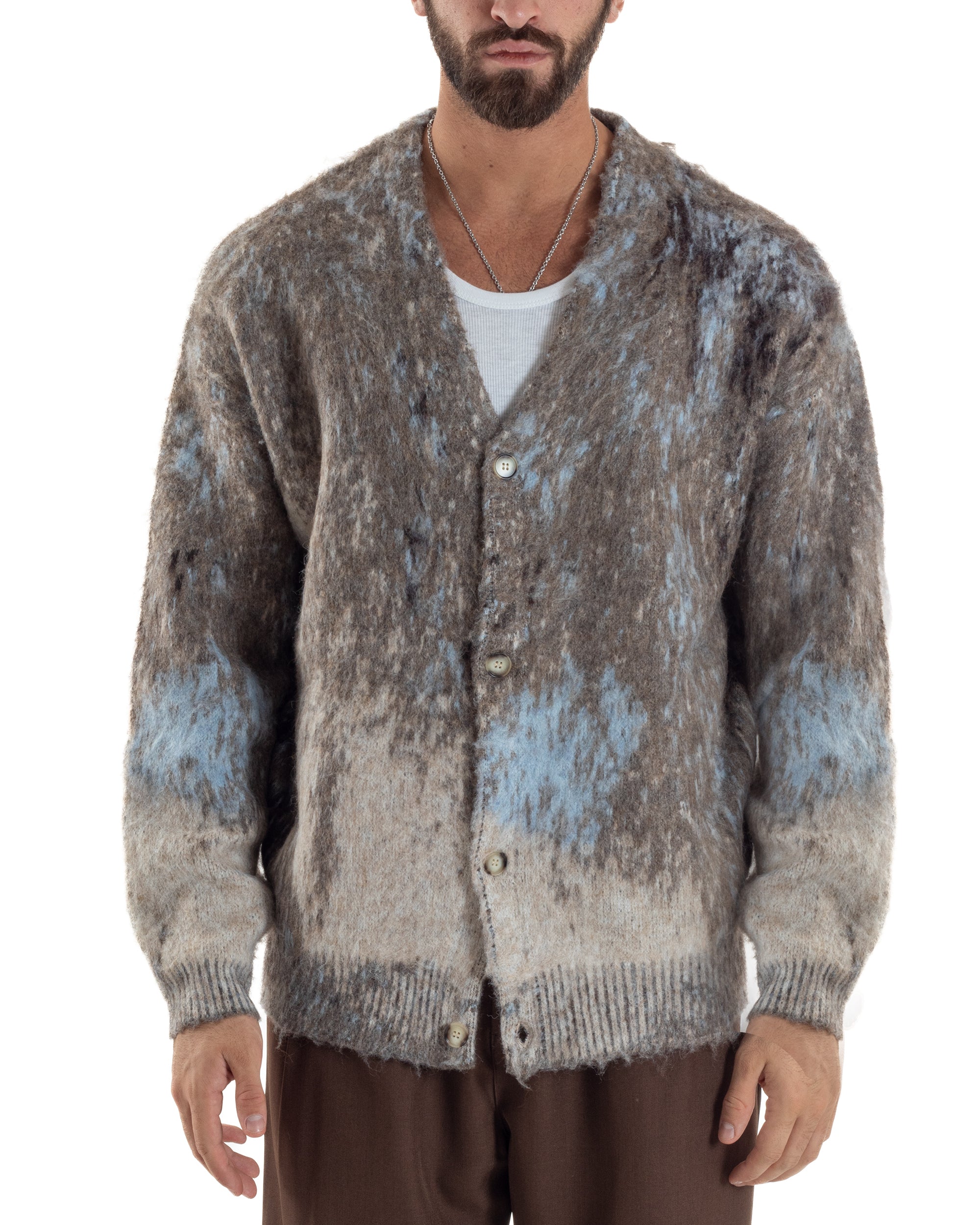Cardigan Uomo Maglia Mohair Morbida Spalle Scese Fantasia Sfumata Multicolore Marrone M3081A