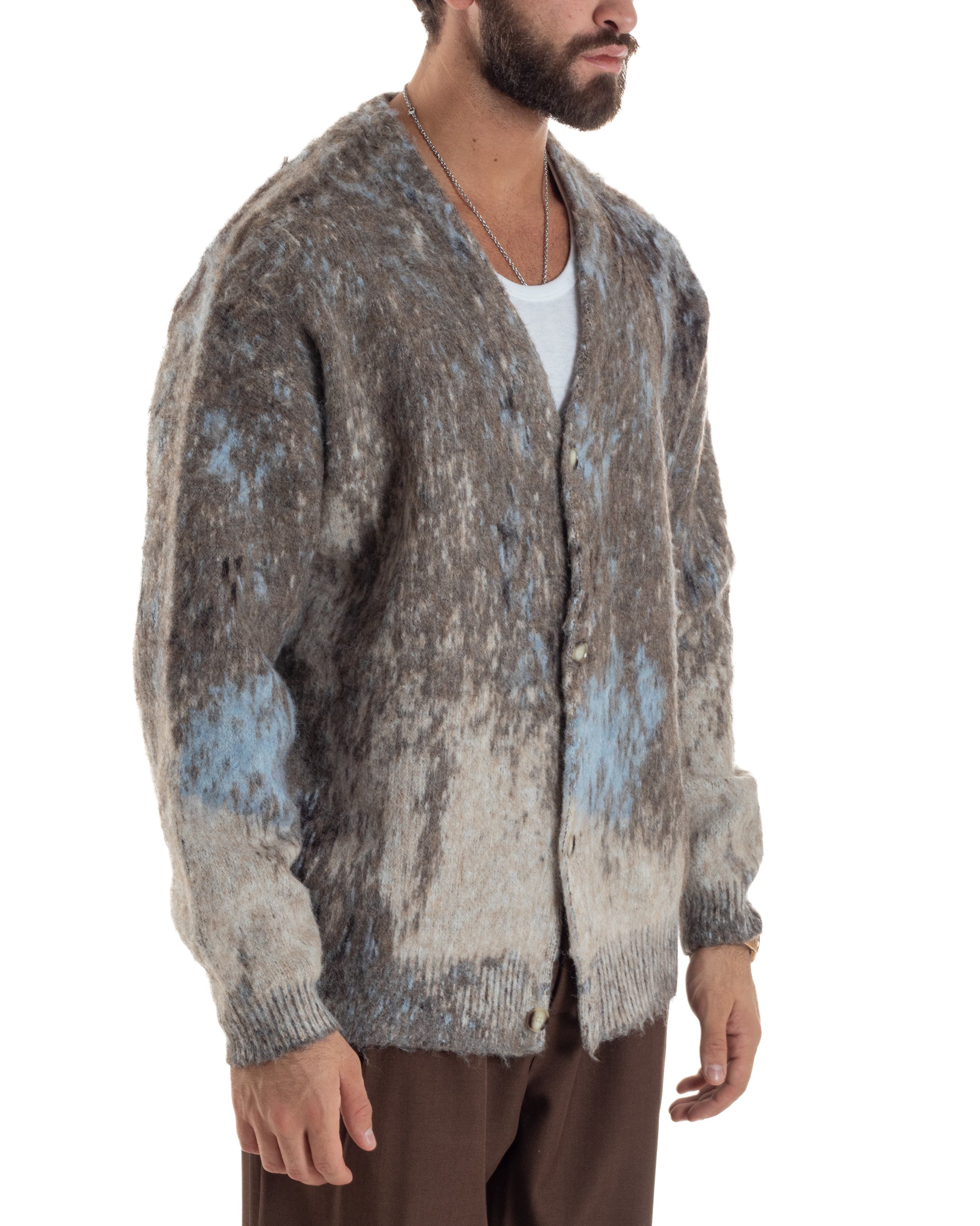 Cardigan Uomo Maglia Mohair Morbida Spalle Scese Fantasia Sfumata Multicolore Marrone M3081A