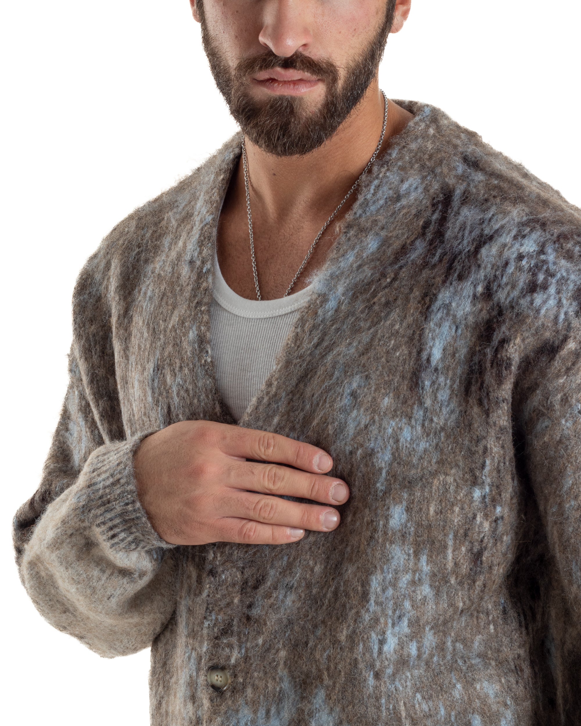 Cardigan Uomo Maglia Mohair Morbida Spalle Scese Fantasia Sfumata Multicolore Marrone M3081A