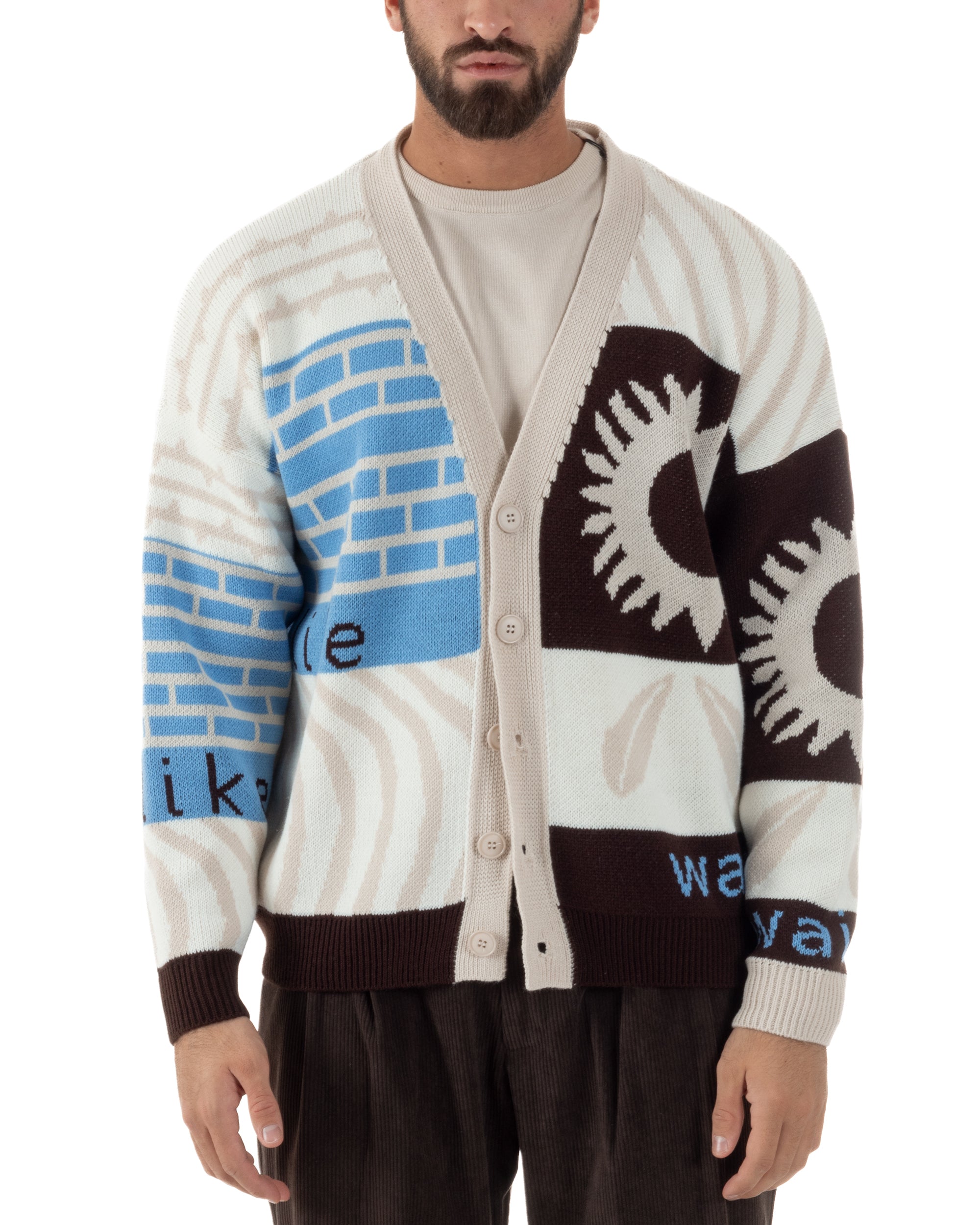 Cardigan Uomo Maniche Raglan Spalle Scese Fantasia Multicolore BlackSunday Beige M3082A