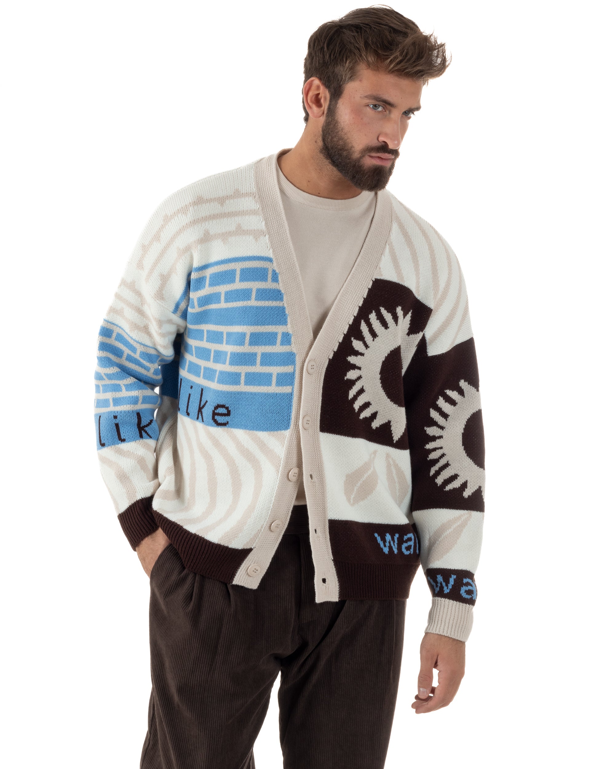 Cardigan Uomo Maniche Raglan Spalle Scese Fantasia Multicolore BlackSunday Beige M3082A