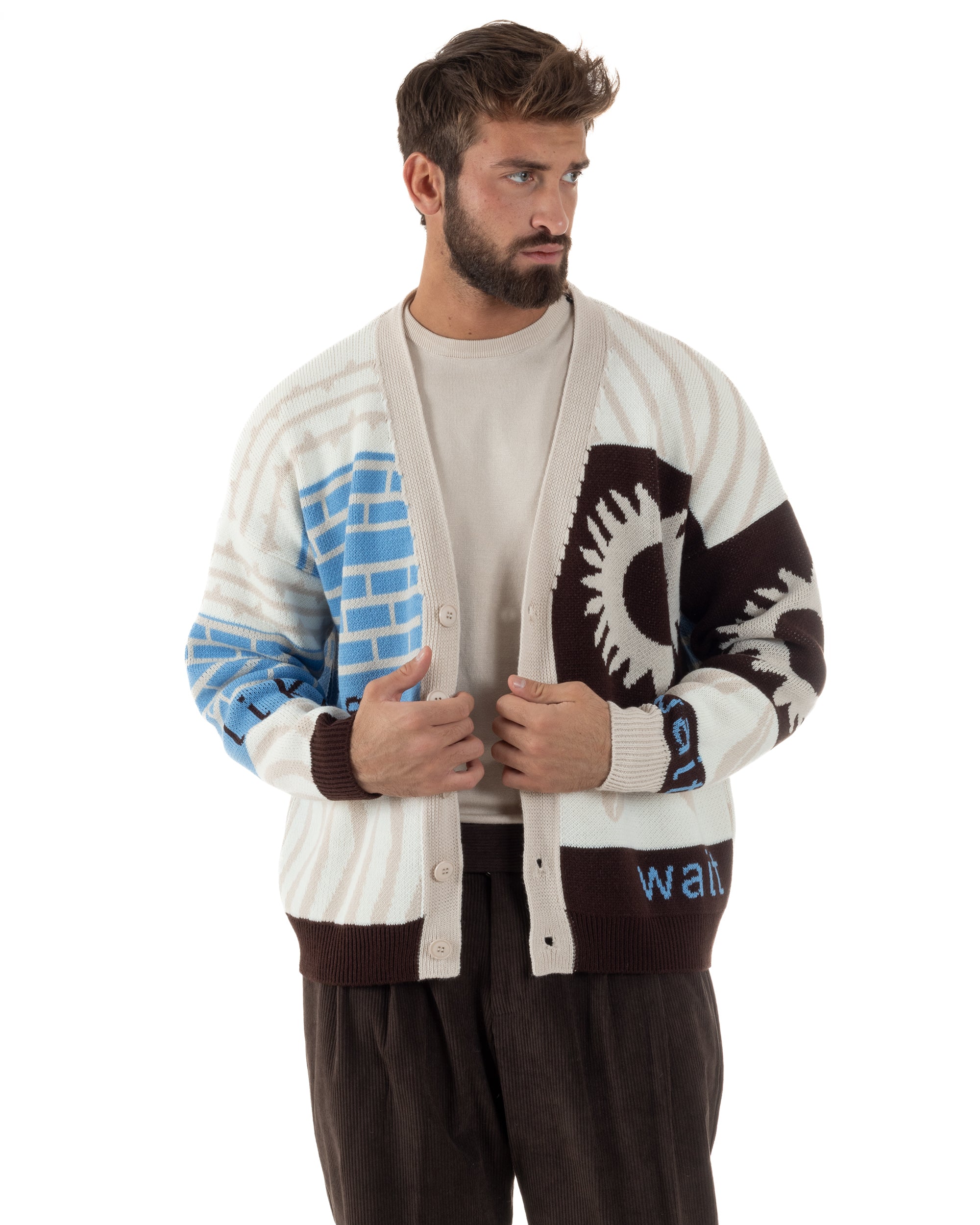 Cardigan Uomo Maniche Raglan Spalle Scese Fantasia Multicolore BlackSunday Beige M3082A