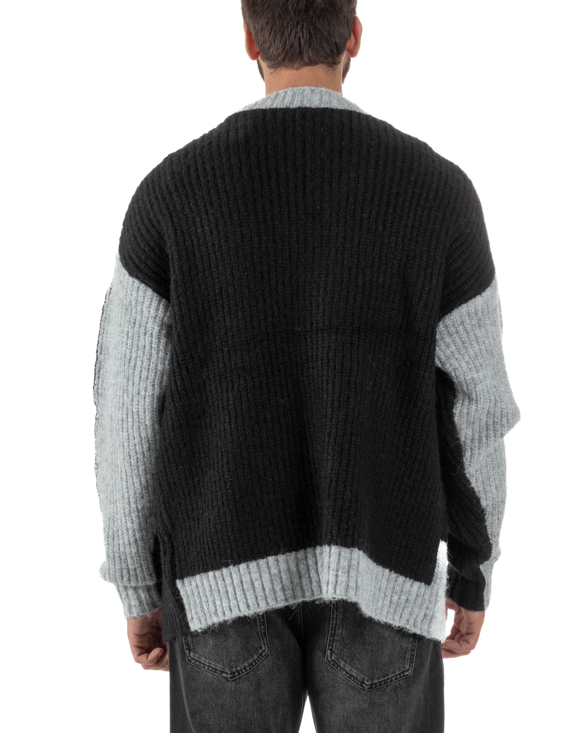 Cardigan Uomo Over Maglia Calda Maniche Raglan Spalle Scese Bicolore Nero M3083A