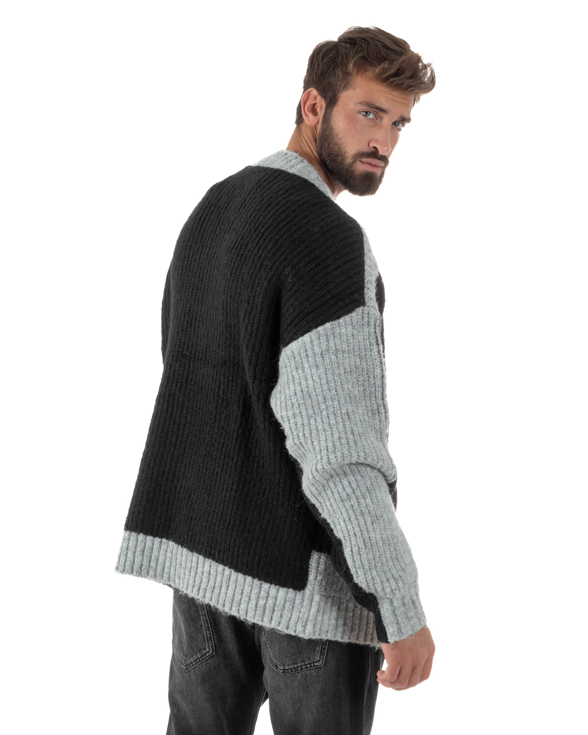 Cardigan Uomo Over Maglia Calda Maniche Raglan Spalle Scese Bicolore Nero M3083A