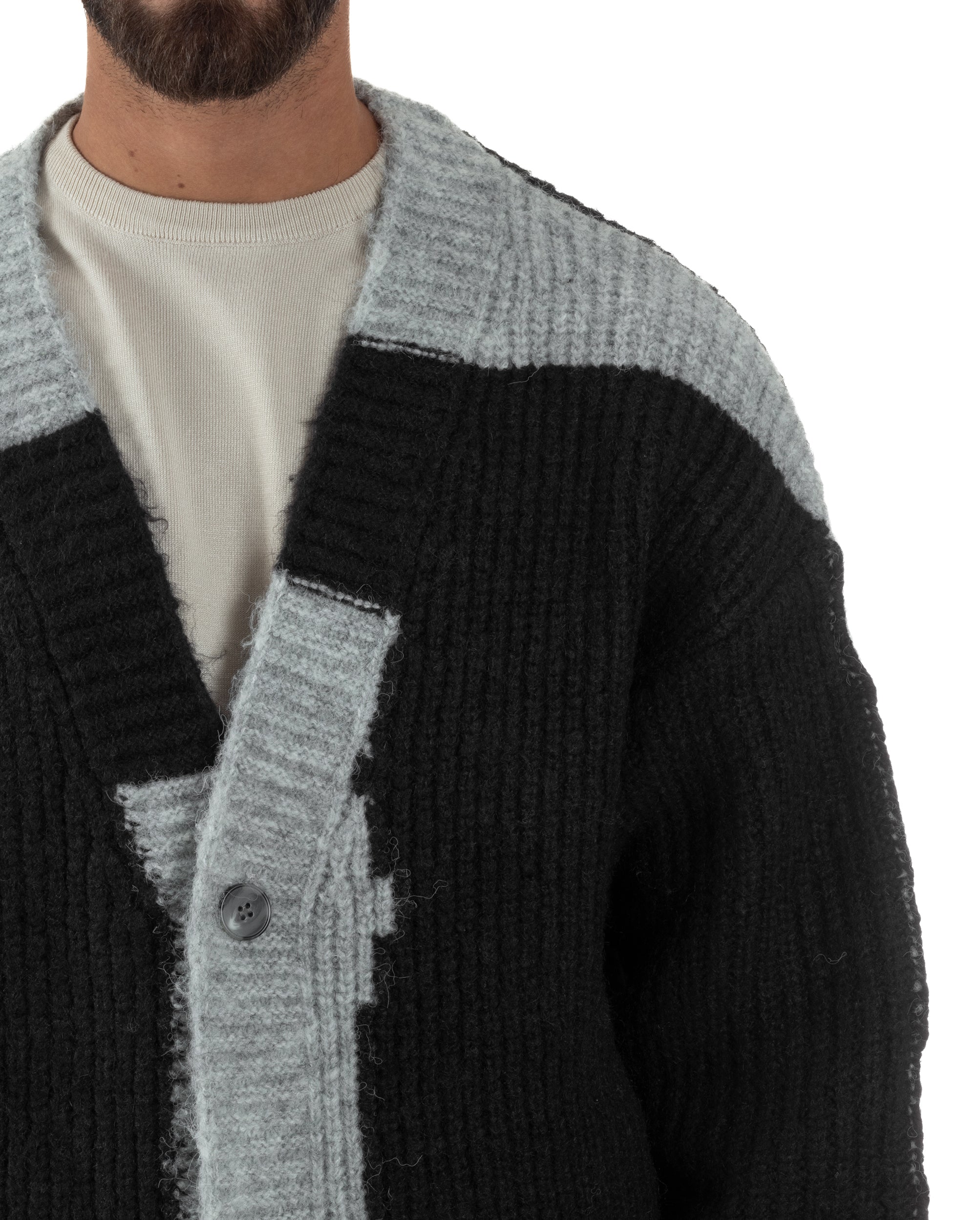 Cardigan Uomo Over Maglia Calda Maniche Raglan Spalle Scese Bicolore Nero M3083A