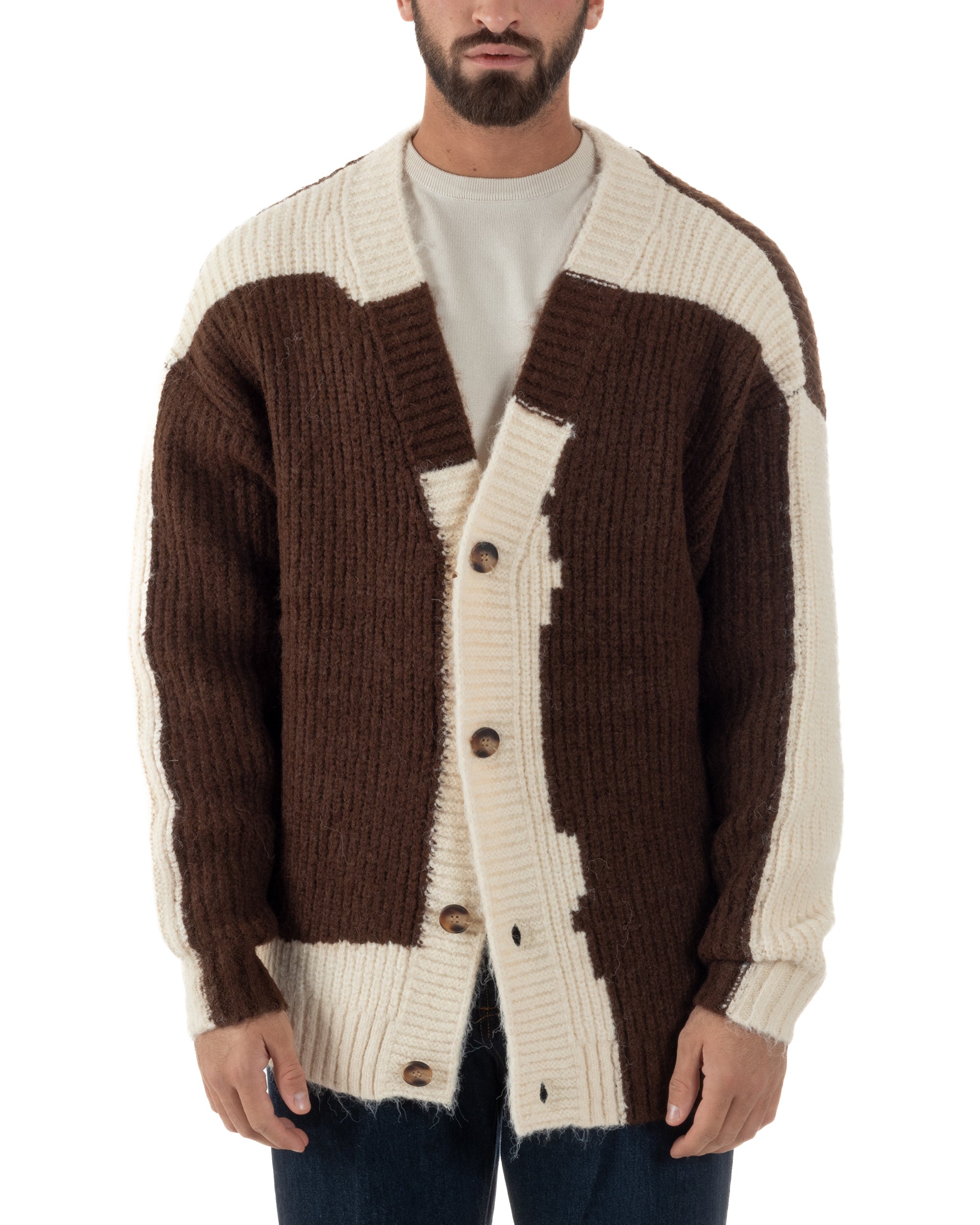 Cardigan Uomo Over Maglia Calda Maniche Raglan Spalle Scese Bicolore Marrone M3084A