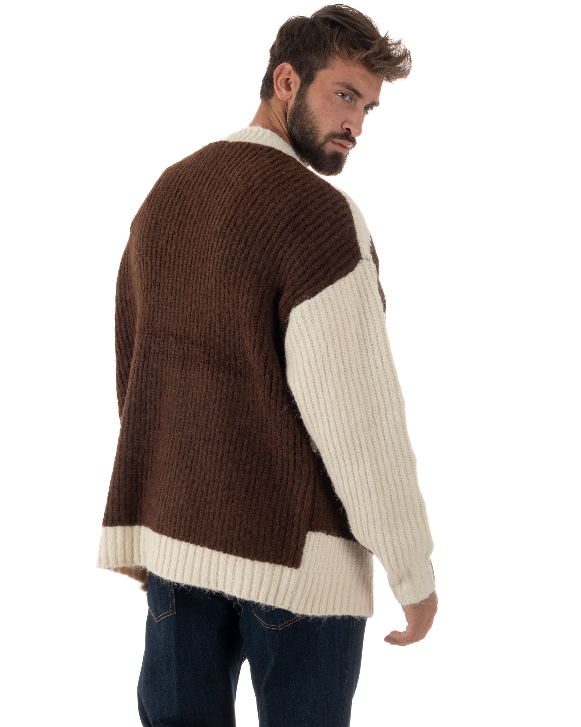 Cardigan Uomo Over Maglia Calda Maniche Raglan Spalle Scese Bicolore Marrone M3084A