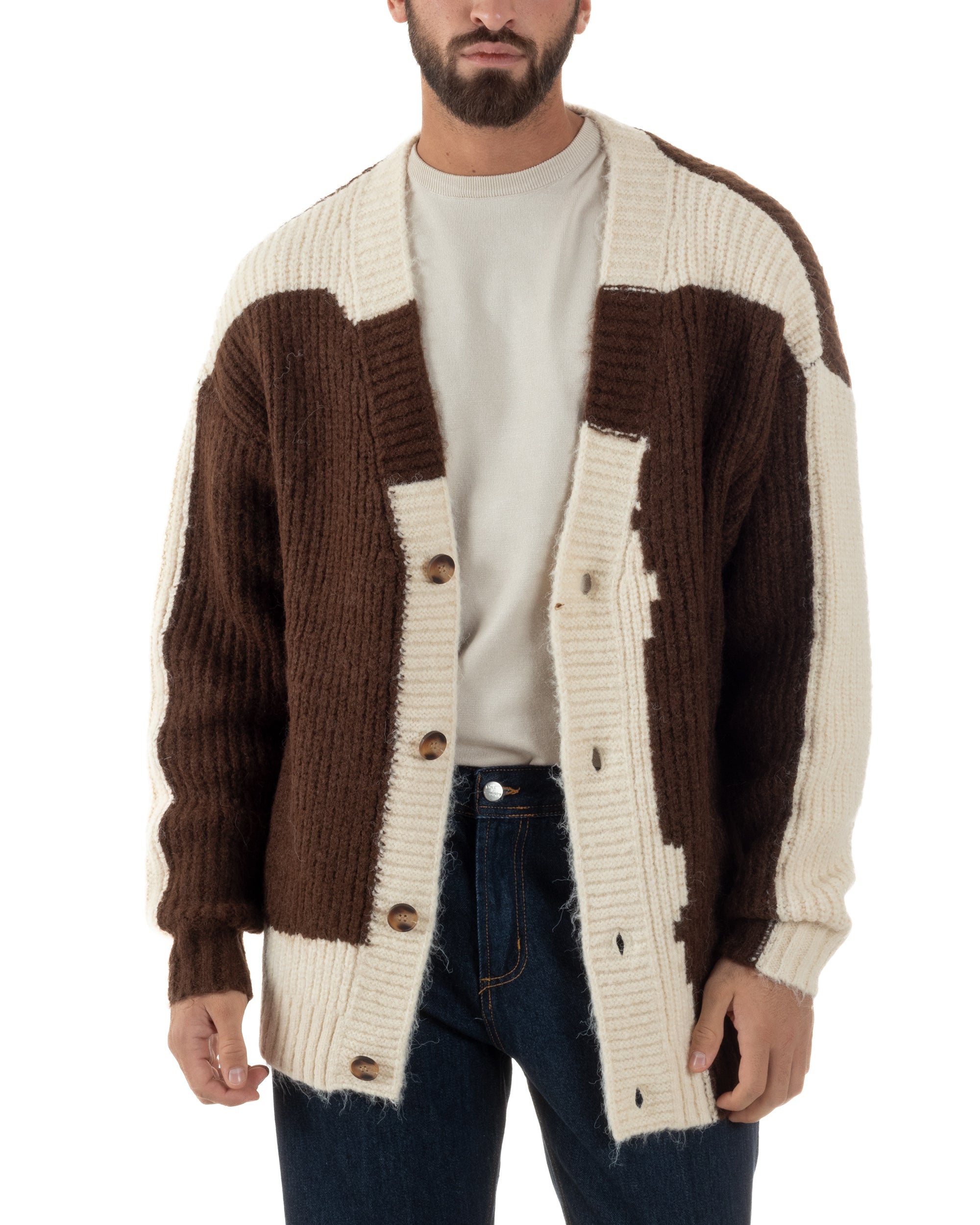Cardigan Uomo Over Maglia Calda Maniche Raglan Spalle Scese Bicolore Marrone M3084A