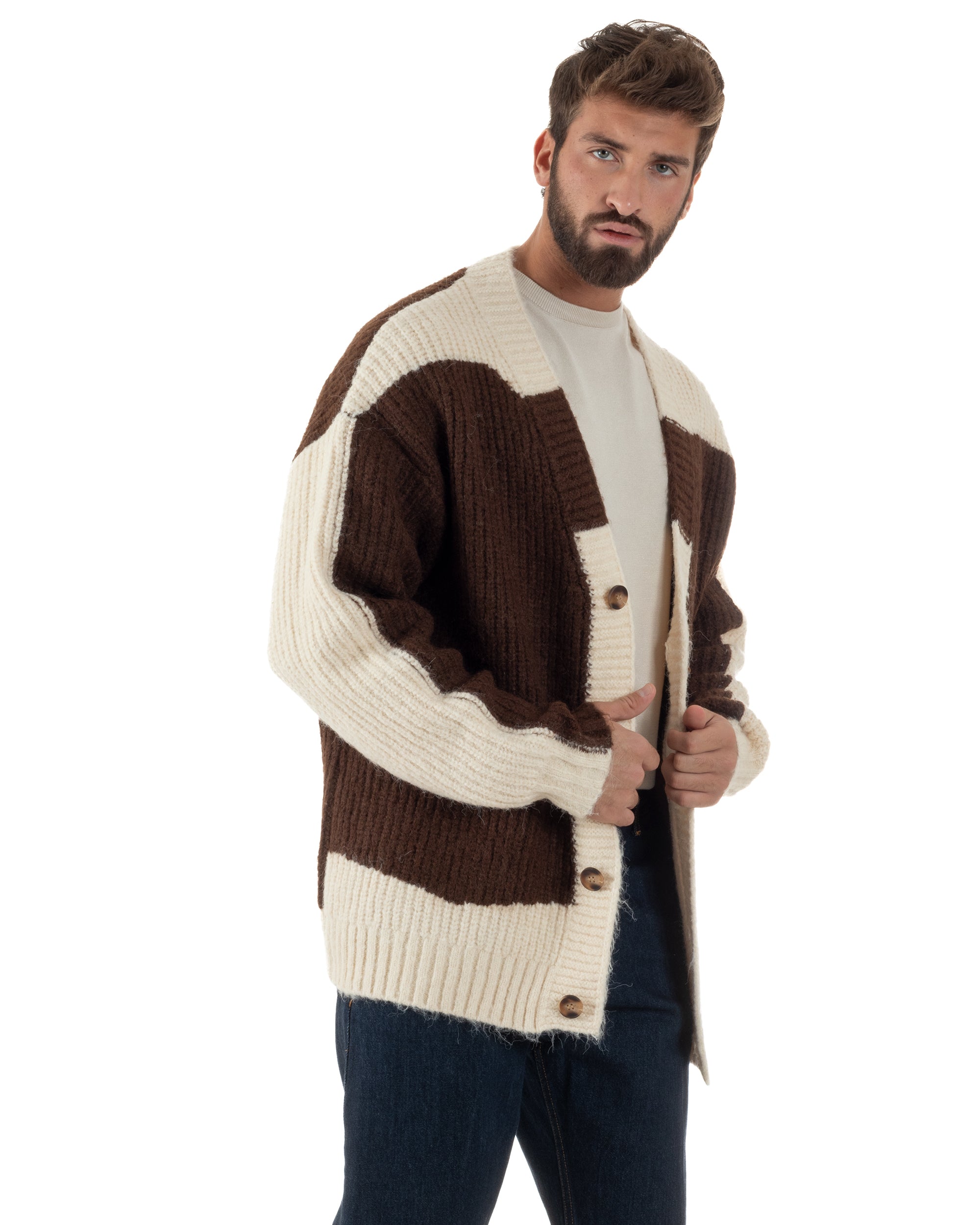 Cardigan Uomo Over Maglia Calda Maniche Raglan Spalle Scese Bicolore Marrone M3084A