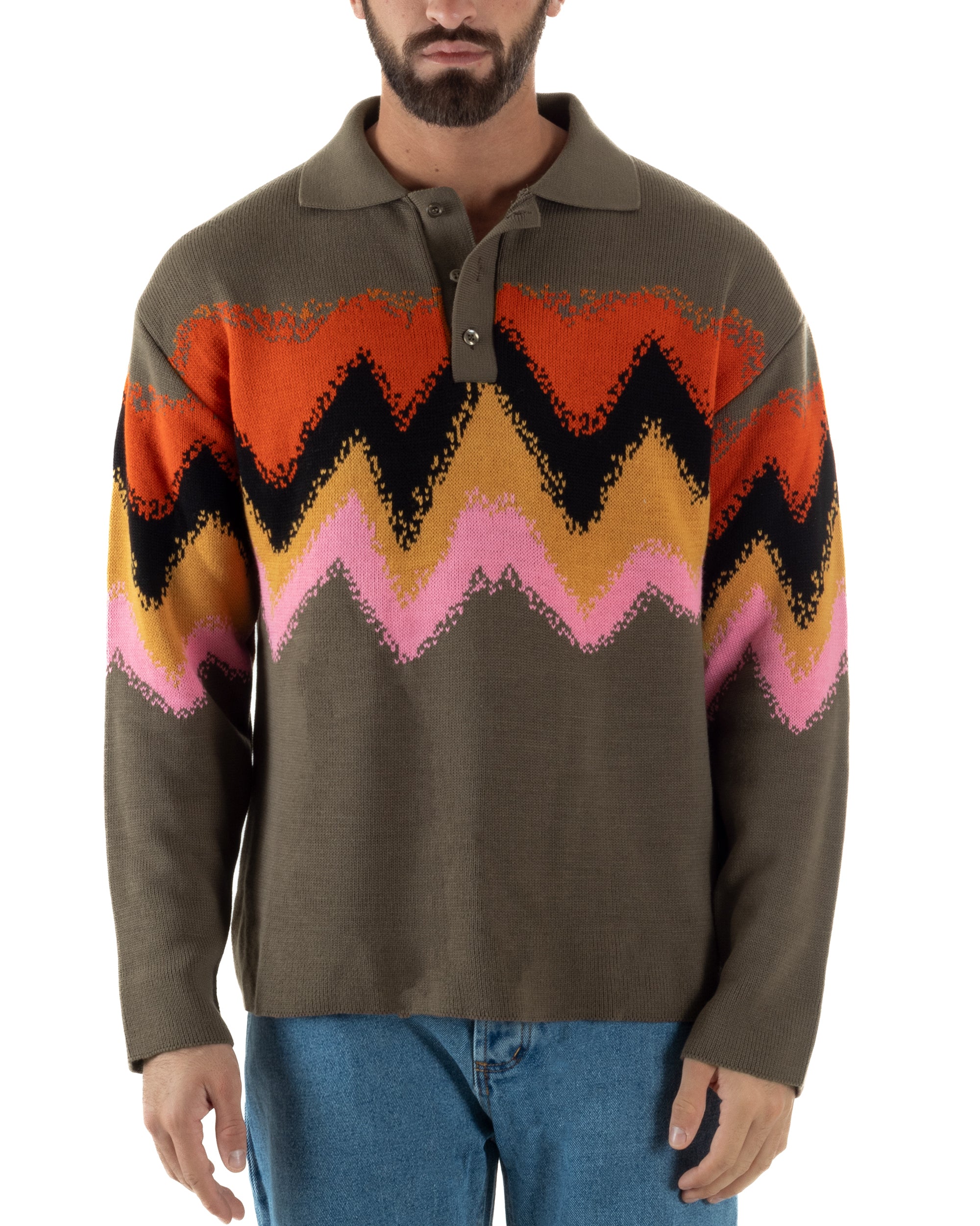 Maglione Uomo Polo Oversize Lana Spalle Scese Multicolore Marrone M3085A