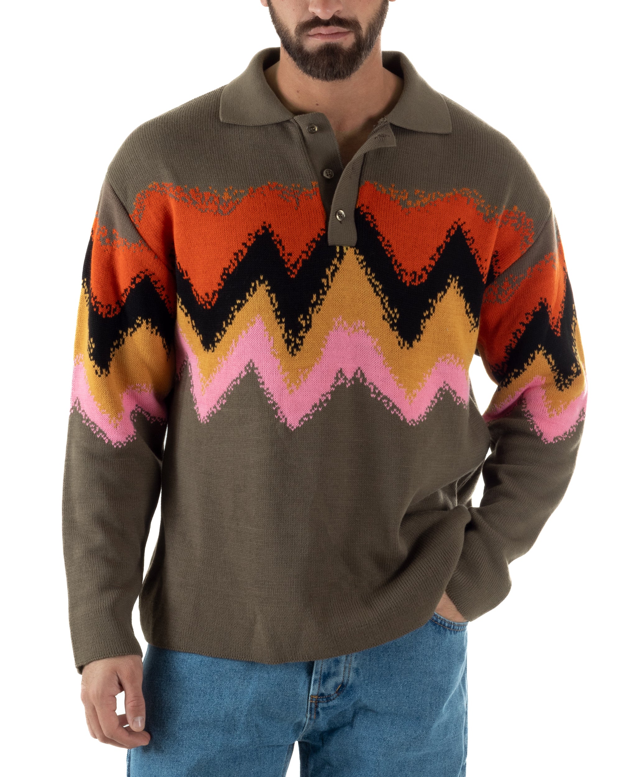 Maglione Uomo Polo Oversize Lana Spalle Scese Multicolore Marrone M3085A