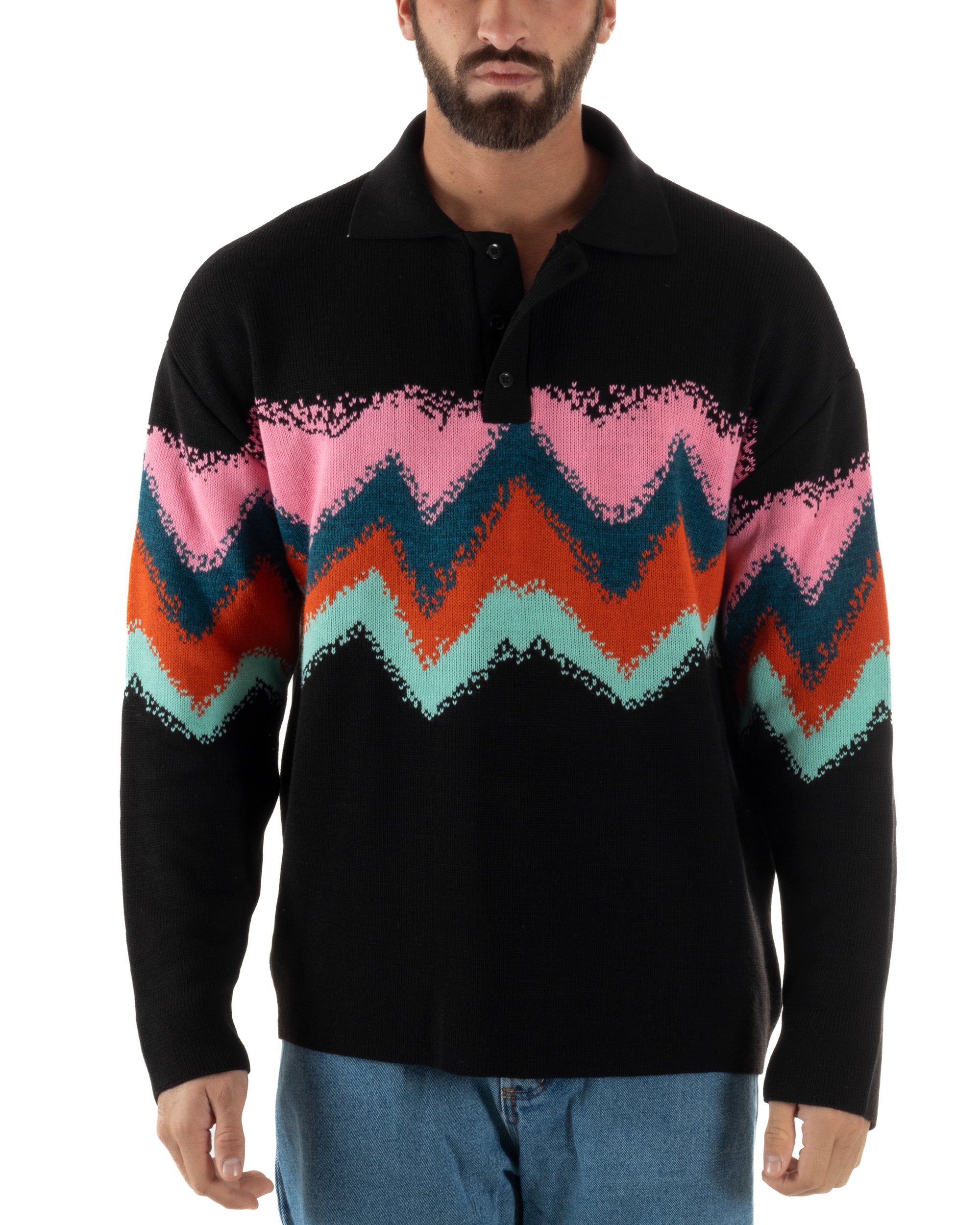 Maglione Uomo Polo Oversize Lana Spalle Scese Multicolore Nero M3086A