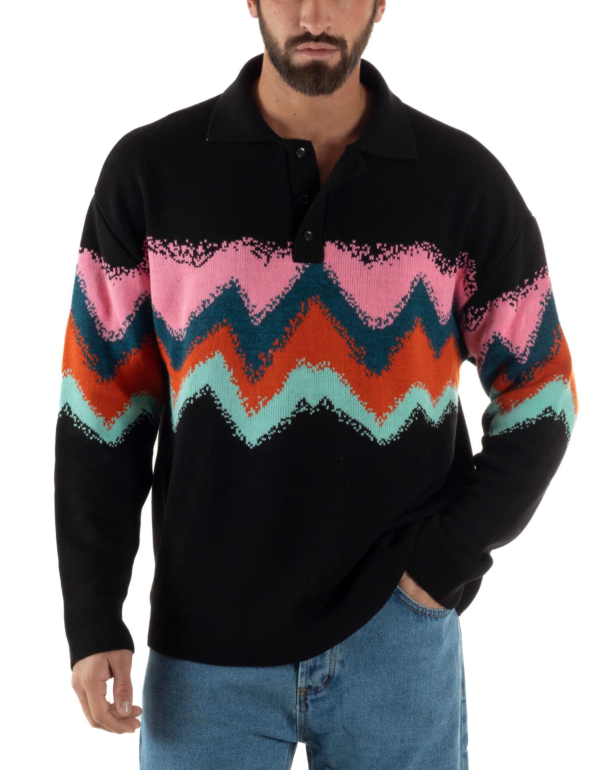 Maglione Uomo Polo Oversize Lana Spalle Scese Multicolore Nero M3086A