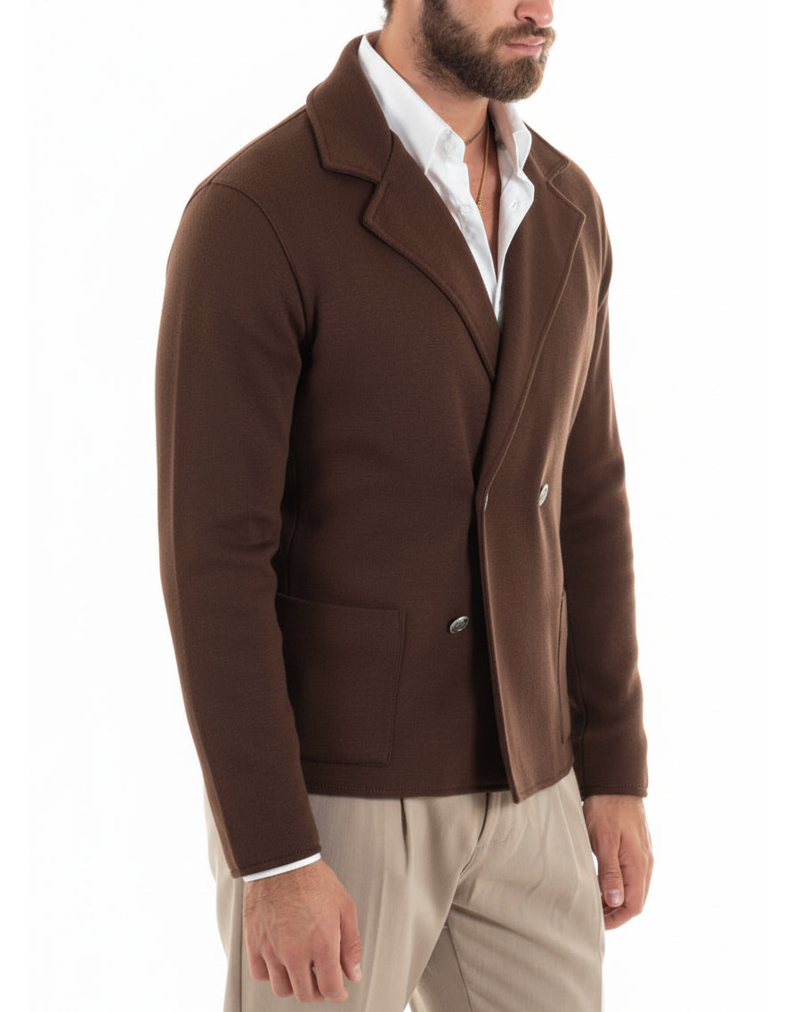 Vista laterale cardigan uomo marrone doppiopetto maglia lana acrilico
