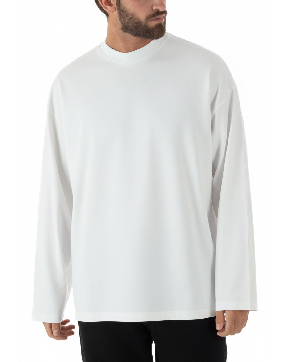 Maglia uomo bianco girocollo maniche lunghe oversize 100% cotone casual