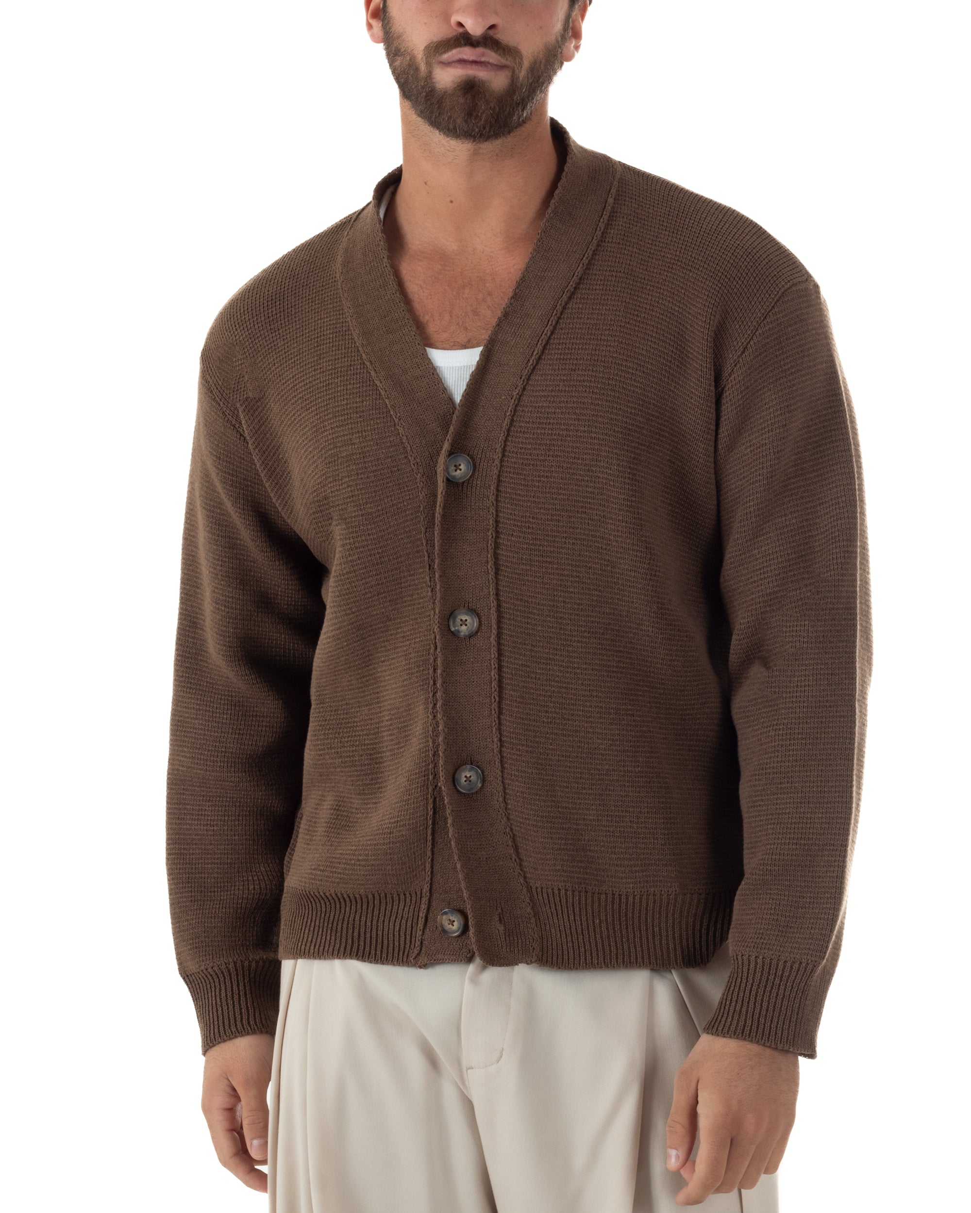 Cardigan uomo marrone cropped boxy fit scollo v bottoni maglia filo
