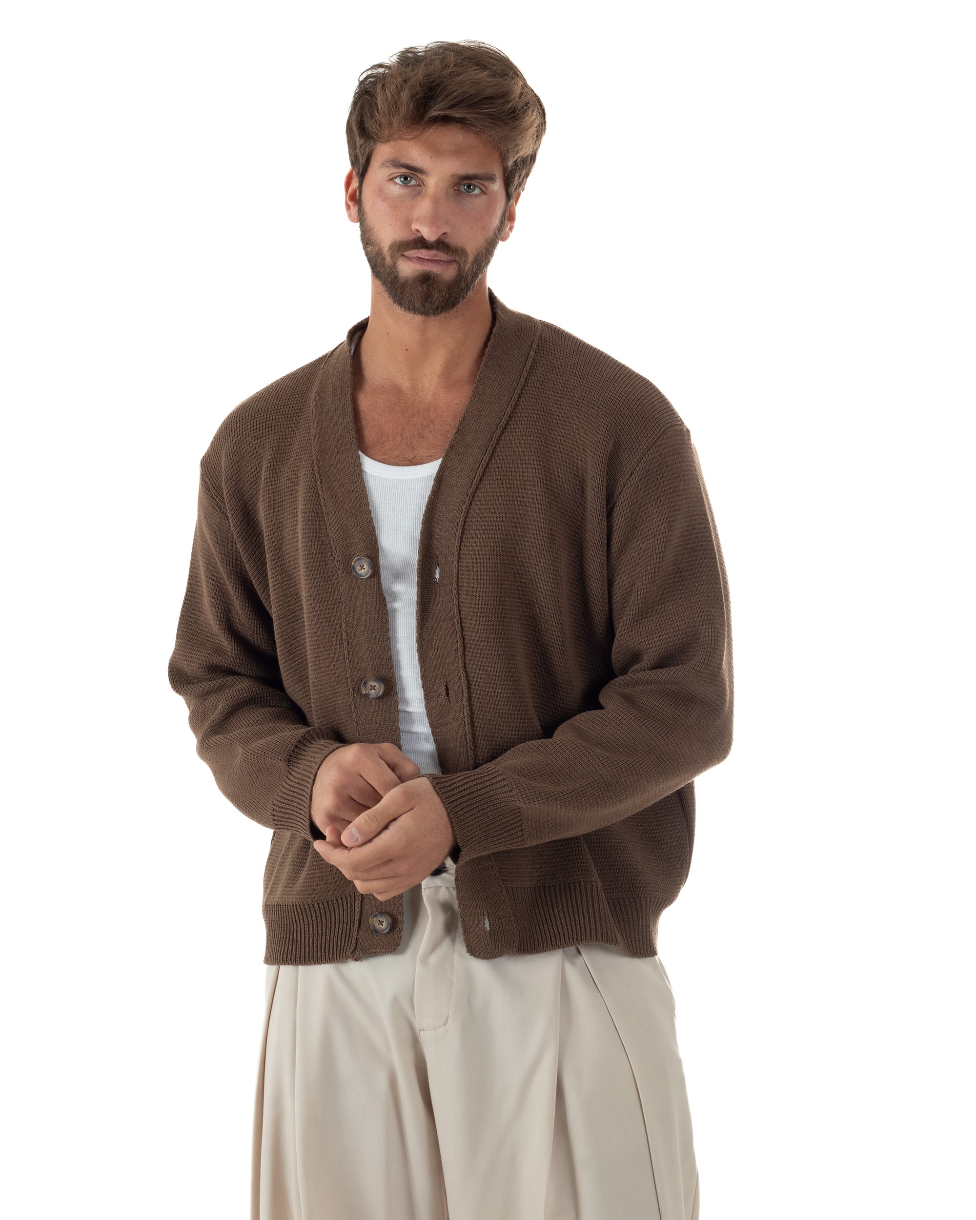 Vista completa cardigan uomo marrone cropped boxy fit scollo v casual streetwear