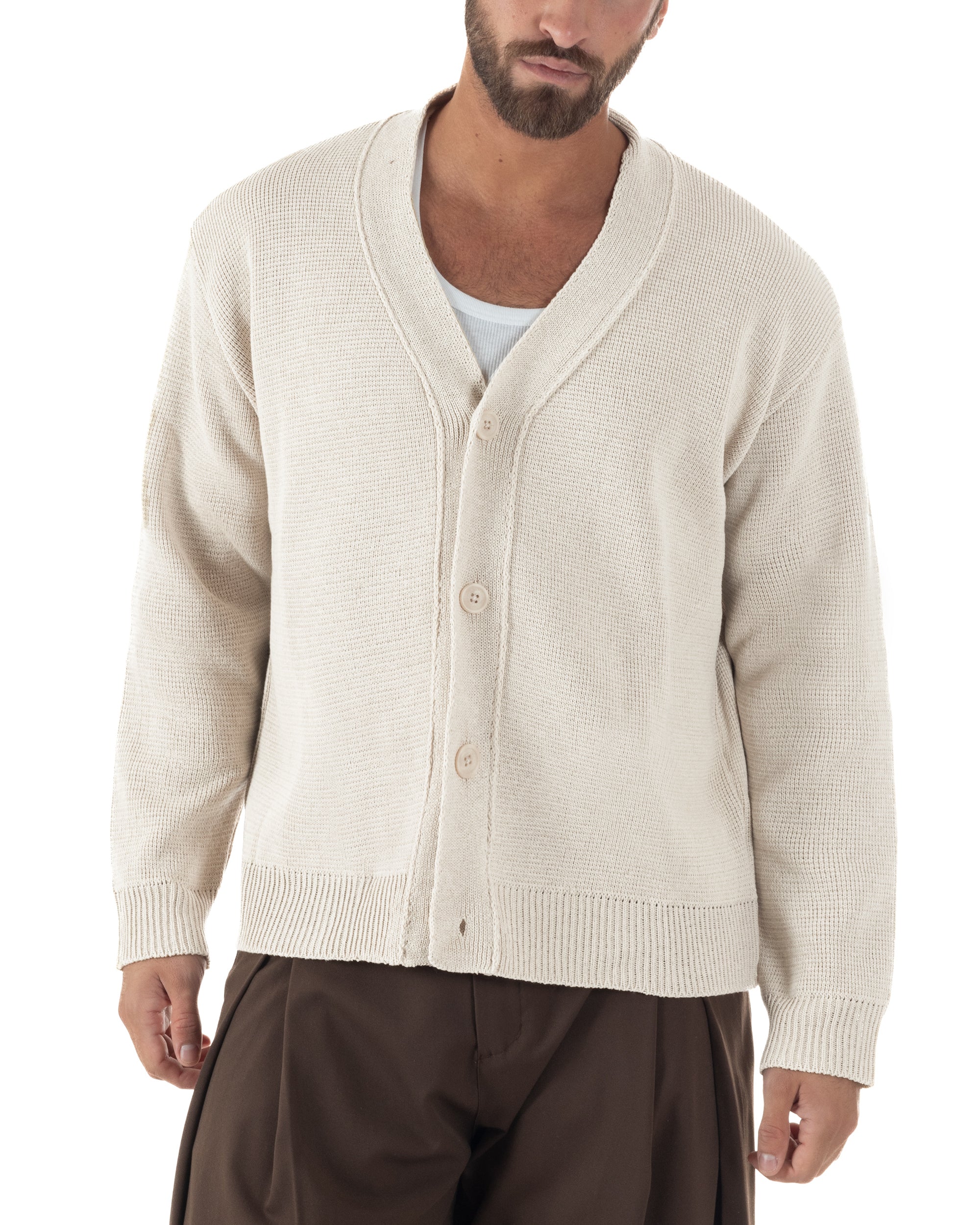 Cardigan cropped uomo beige boxy fit spalla scesa maniche lunghe casual street