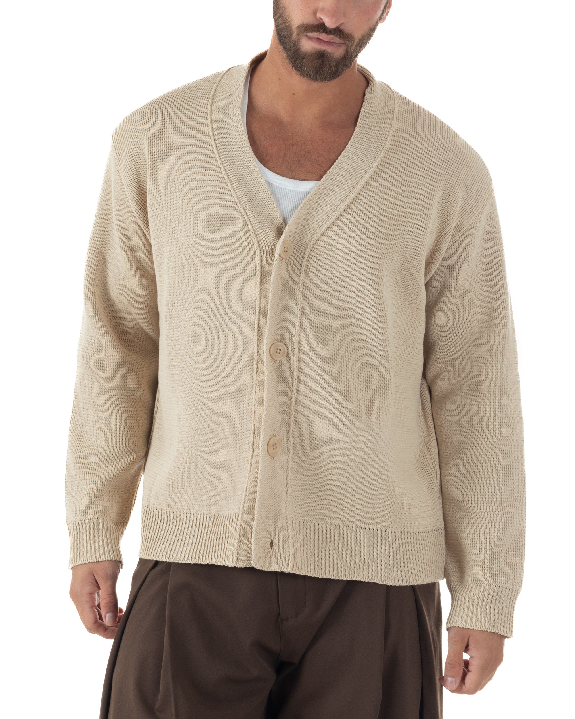 Cardigan uomo filo scollo v maglia cropped con bottoni boxy fit beige GIOSAL-M3093A