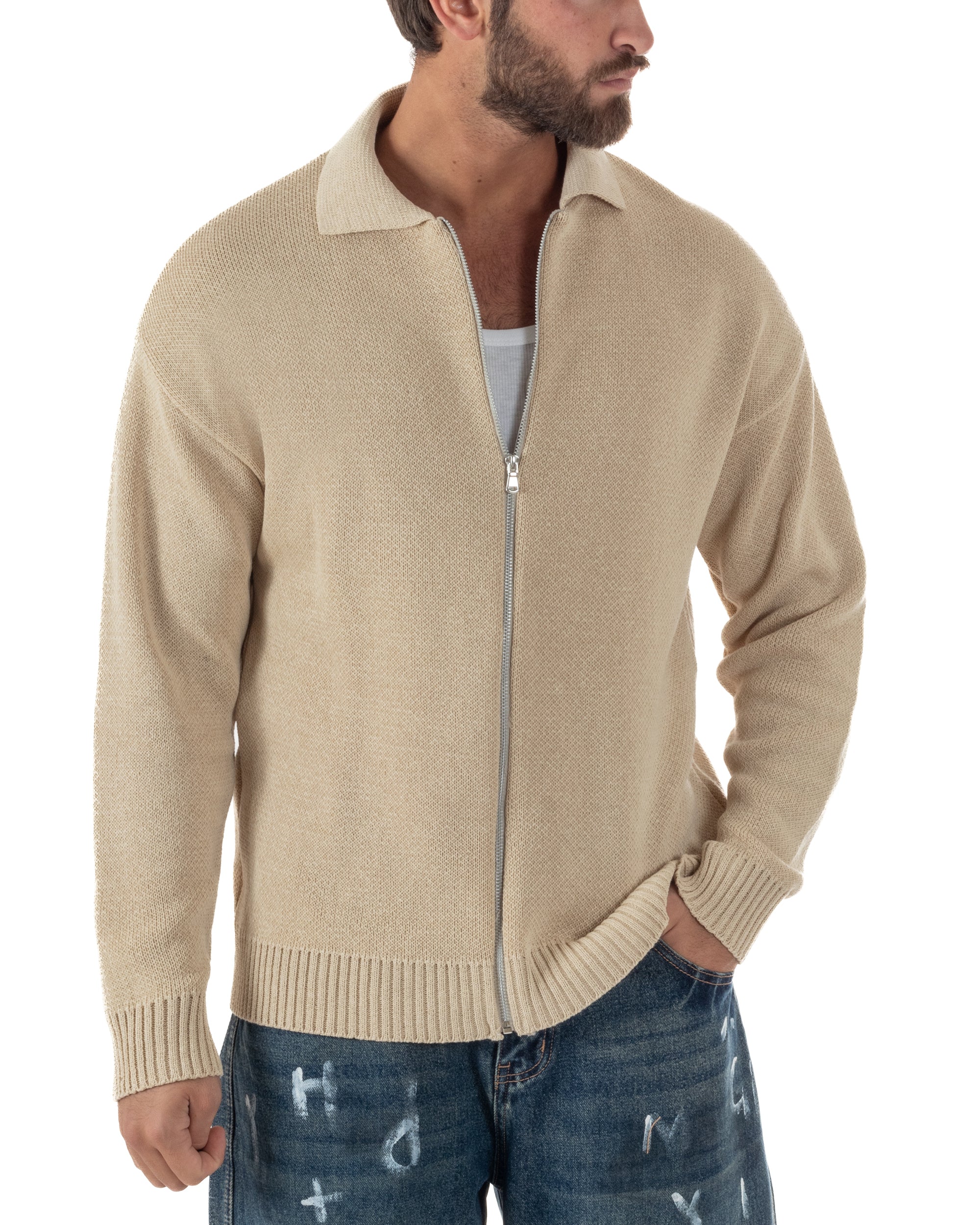 Cardigan uomo beige colletto zip maglia filo