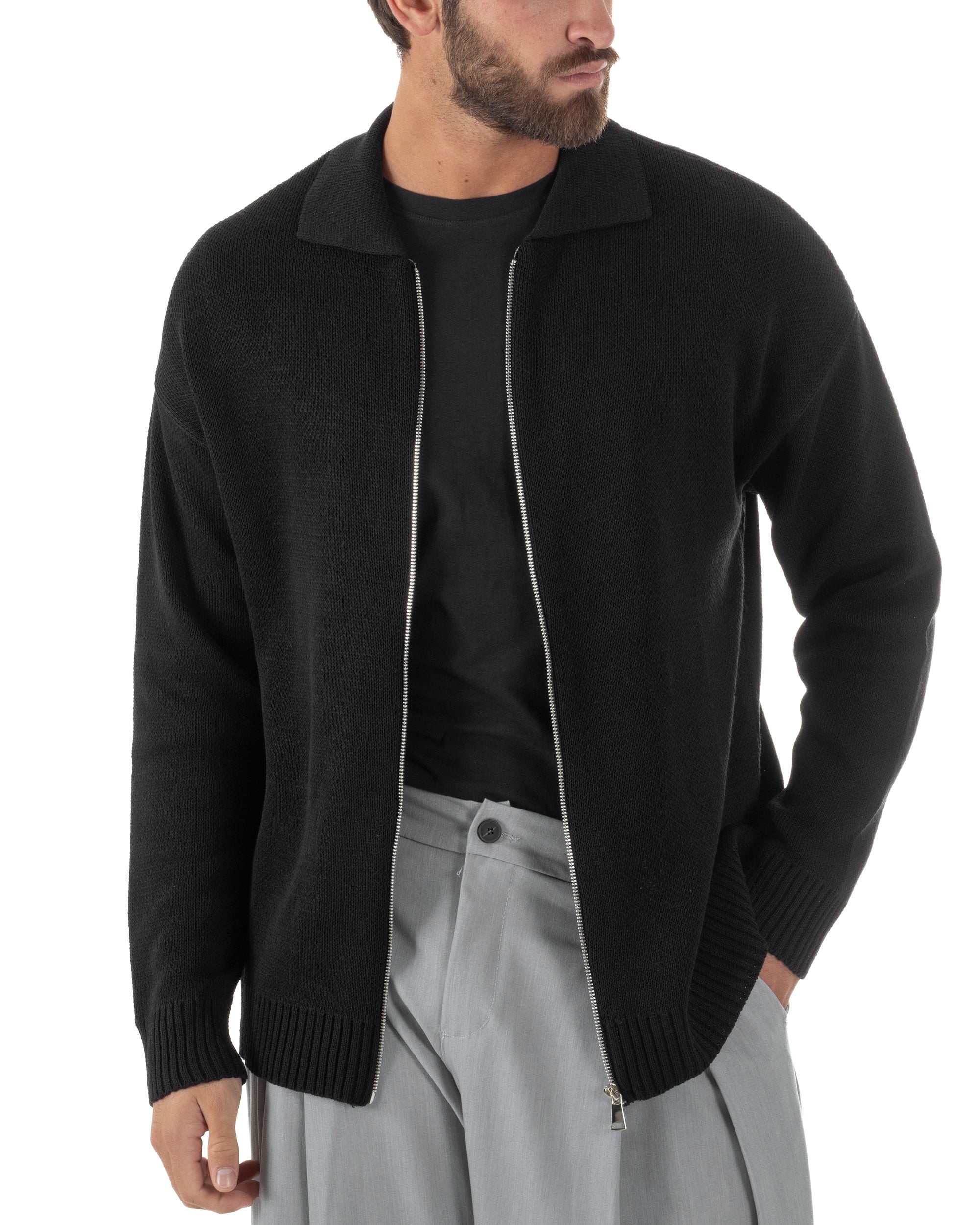 Cardigan uomo nero colletto zip maglia filo