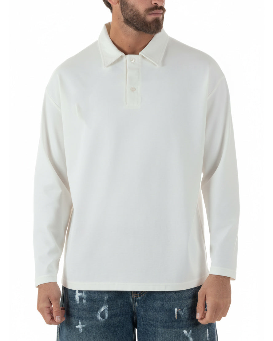 Polo uomo bianco panna oversize manica lunga colletto spalle dropped