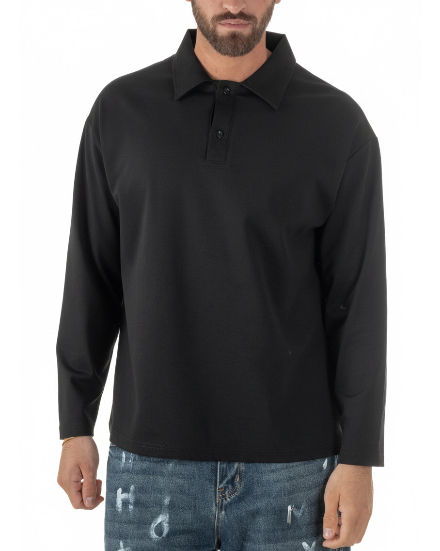 Polo uomo nero oversize manica lunga colletto spalle dropped casual