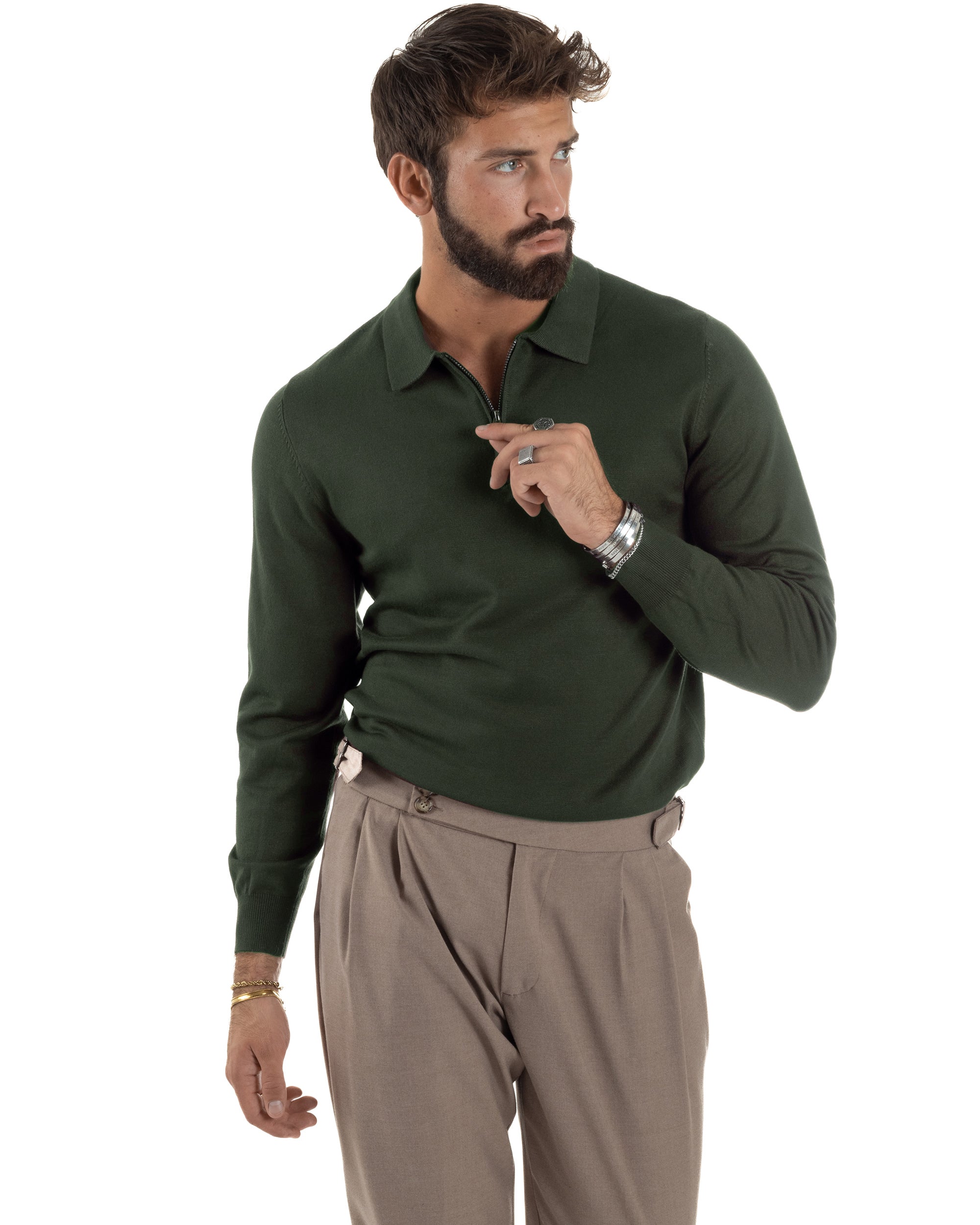 Maglia colletto polo con zip basic verde M3099A