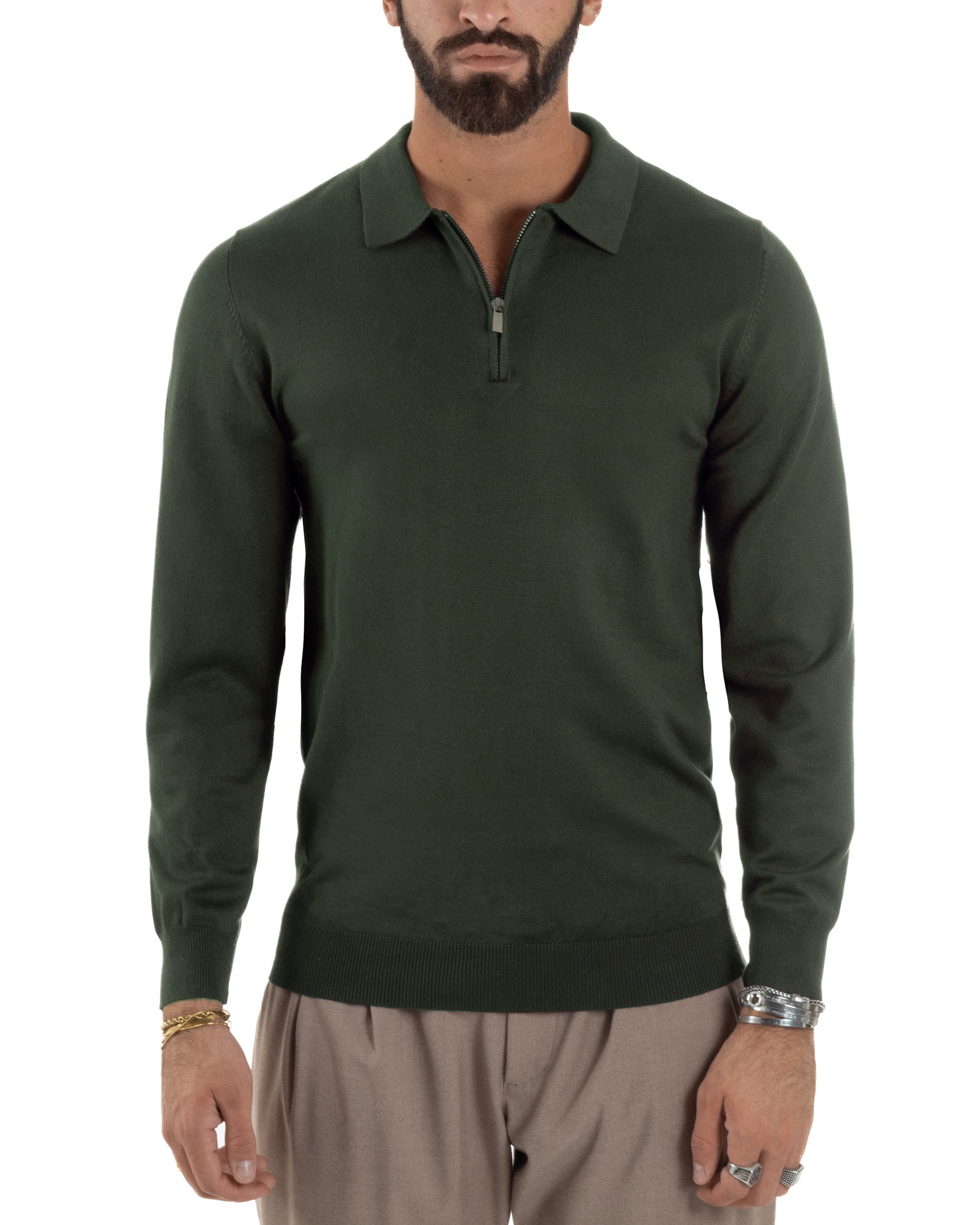 Maglia colletto polo con zip basic verde M3099A