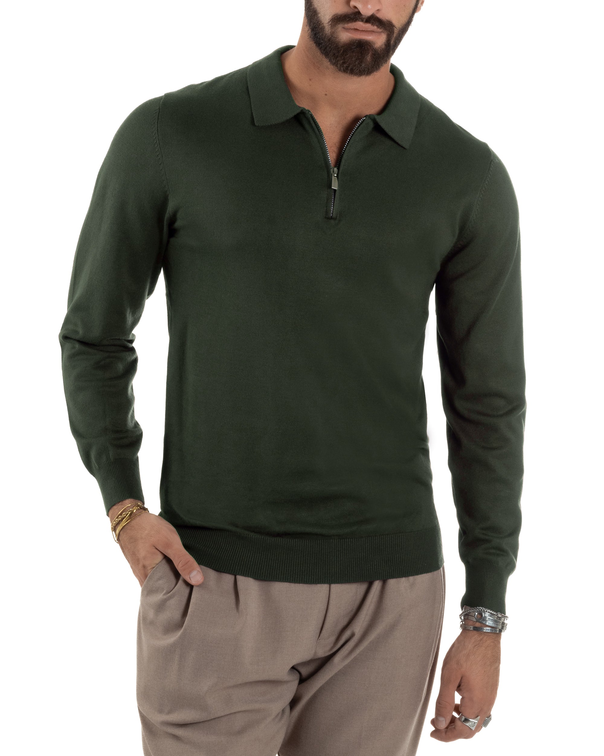 Maglia colletto polo con zip basic verde M3099A
