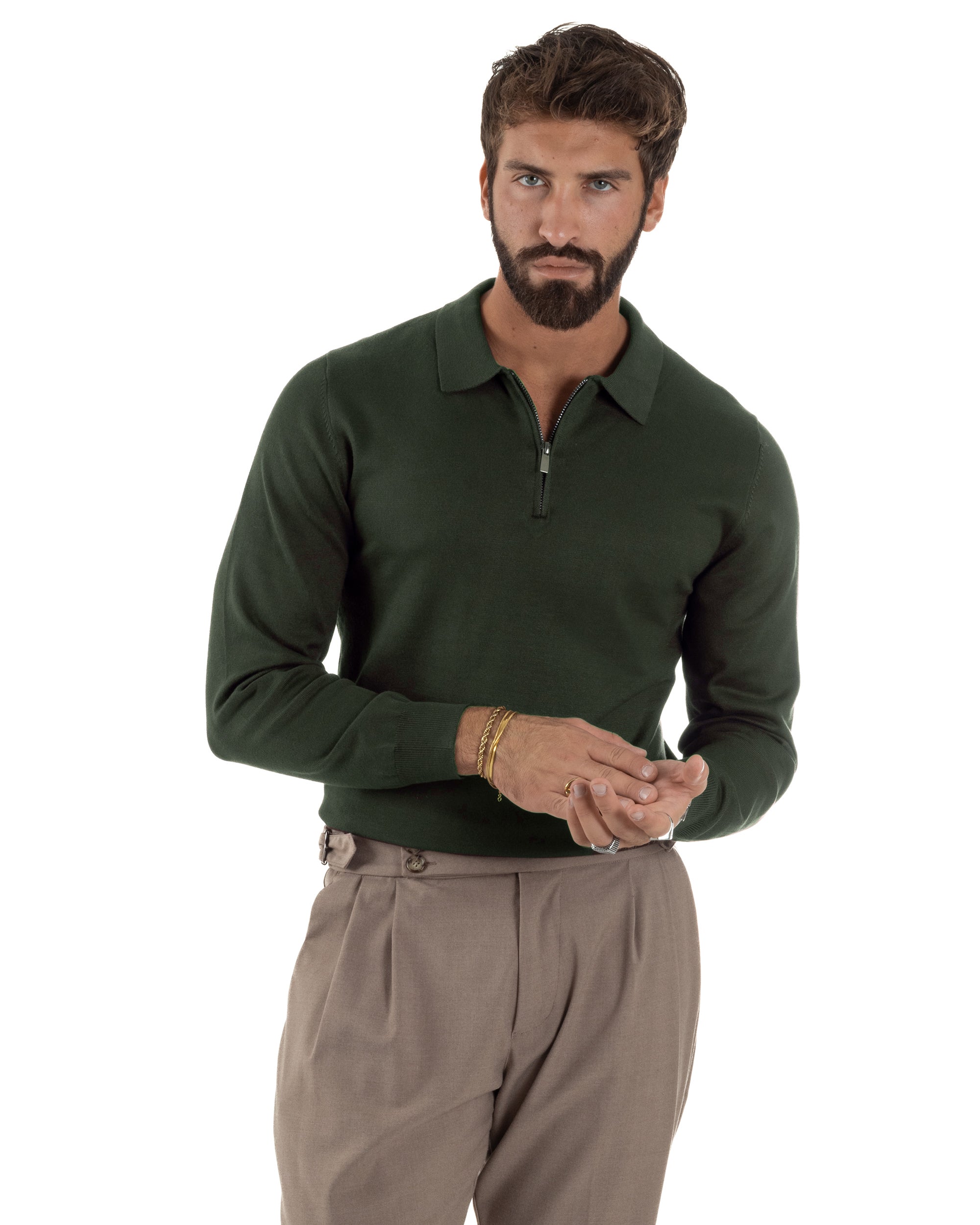 Maglia colletto polo con zip basic verde M3099A