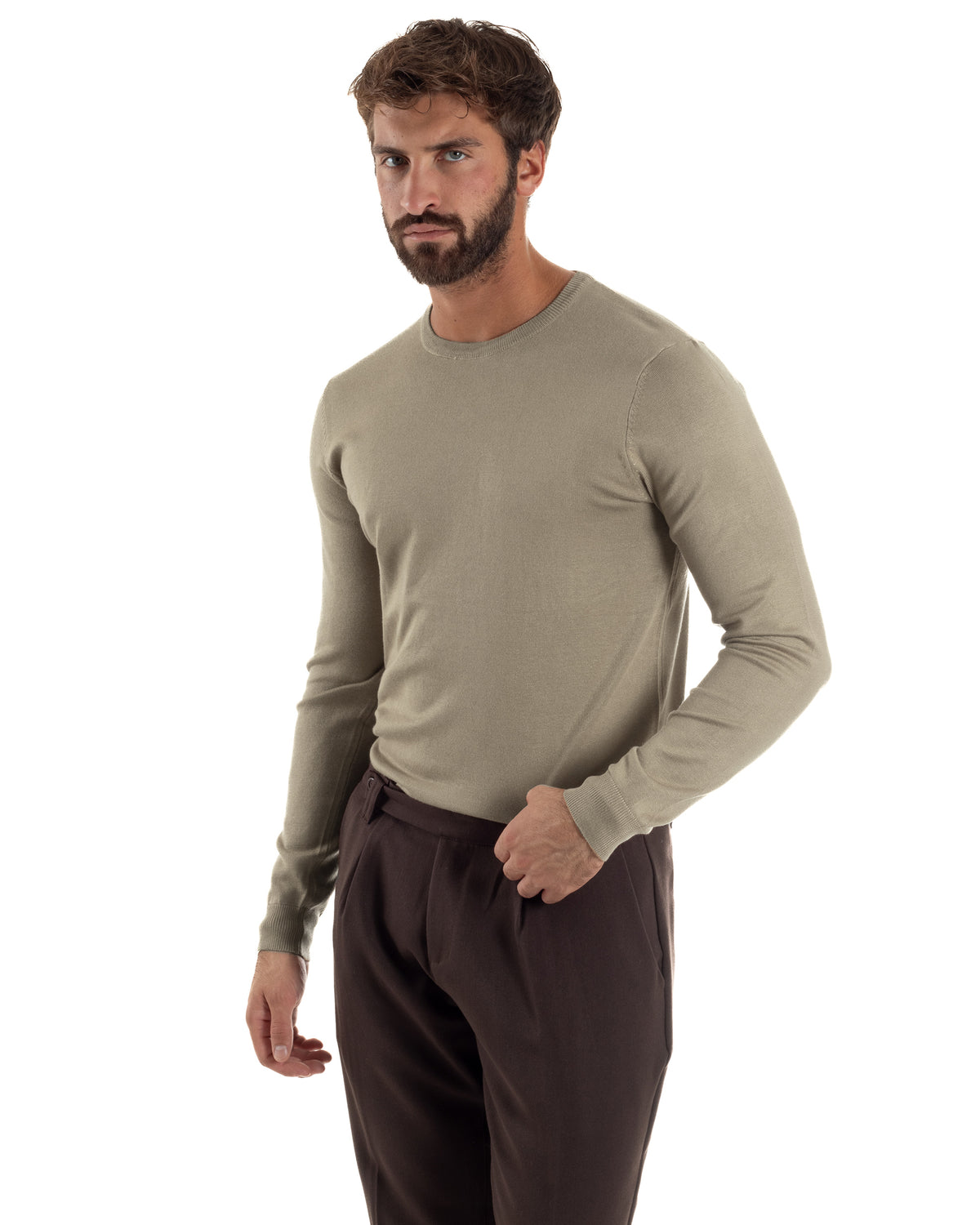 Maglioncino uomo girocollo maglia rasata basic tortora M3100A