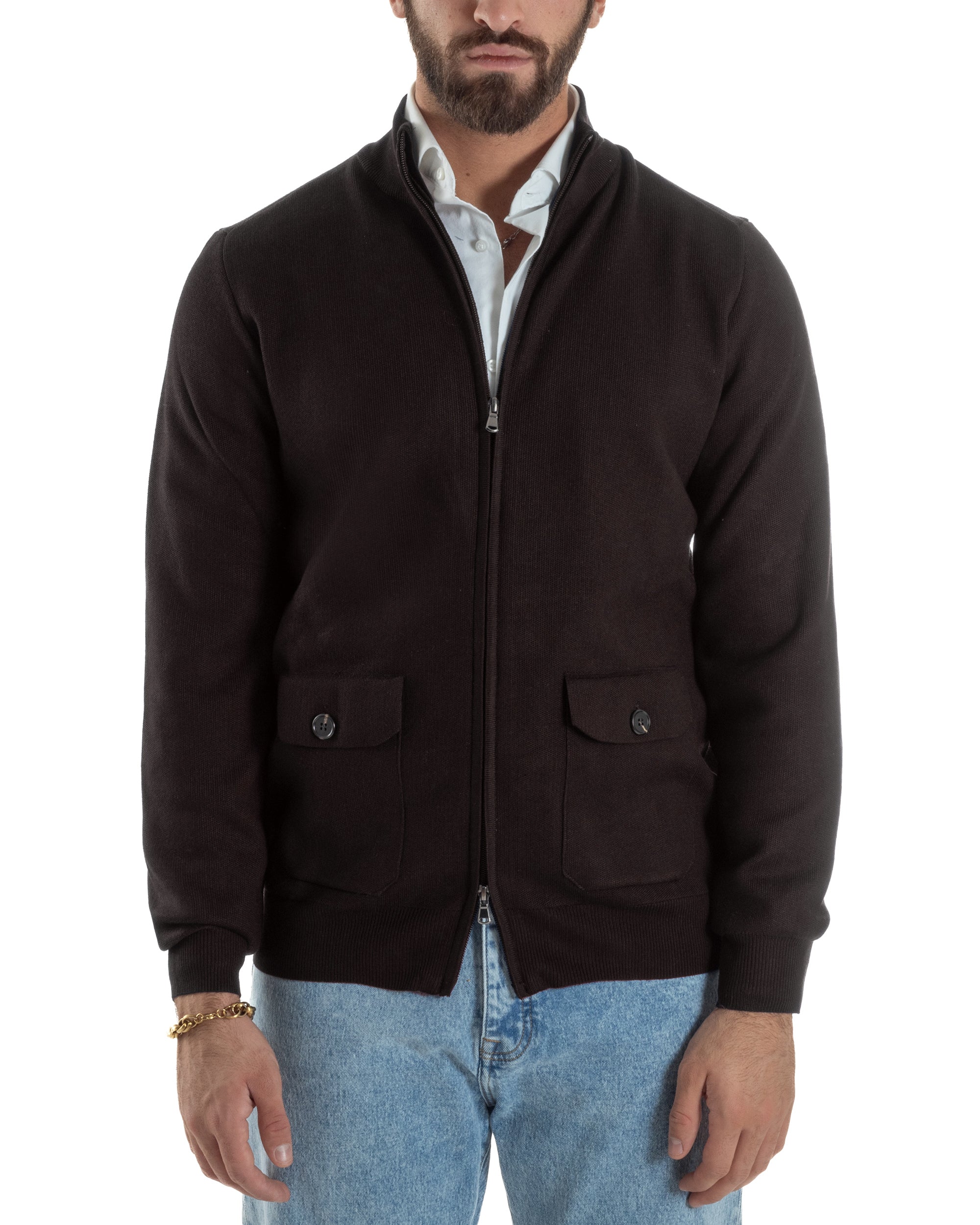Cardigan uomo ciacca comoda calda maglioncino con collo zip marrone GIOSAL-M3103A