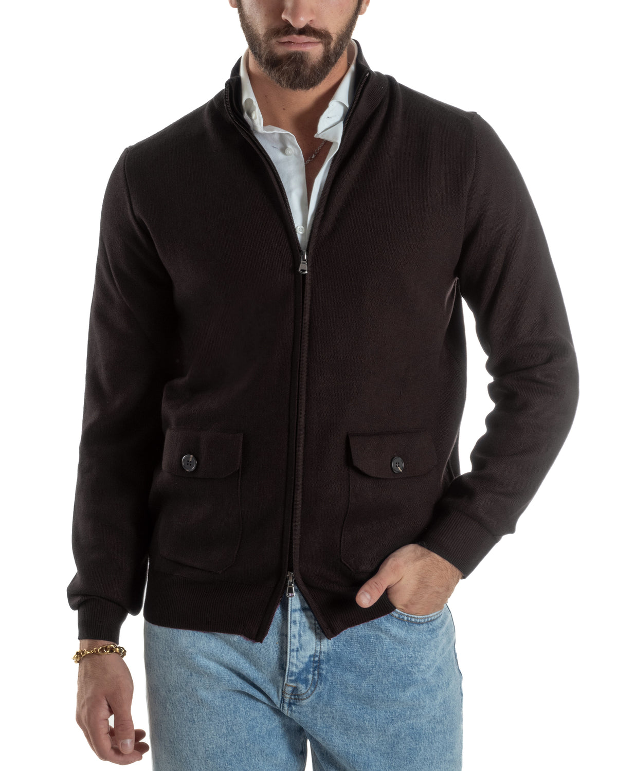 Cardigan uomo ciacca comoda calda maglioncino con collo zip marrone GIOSAL-M3103A