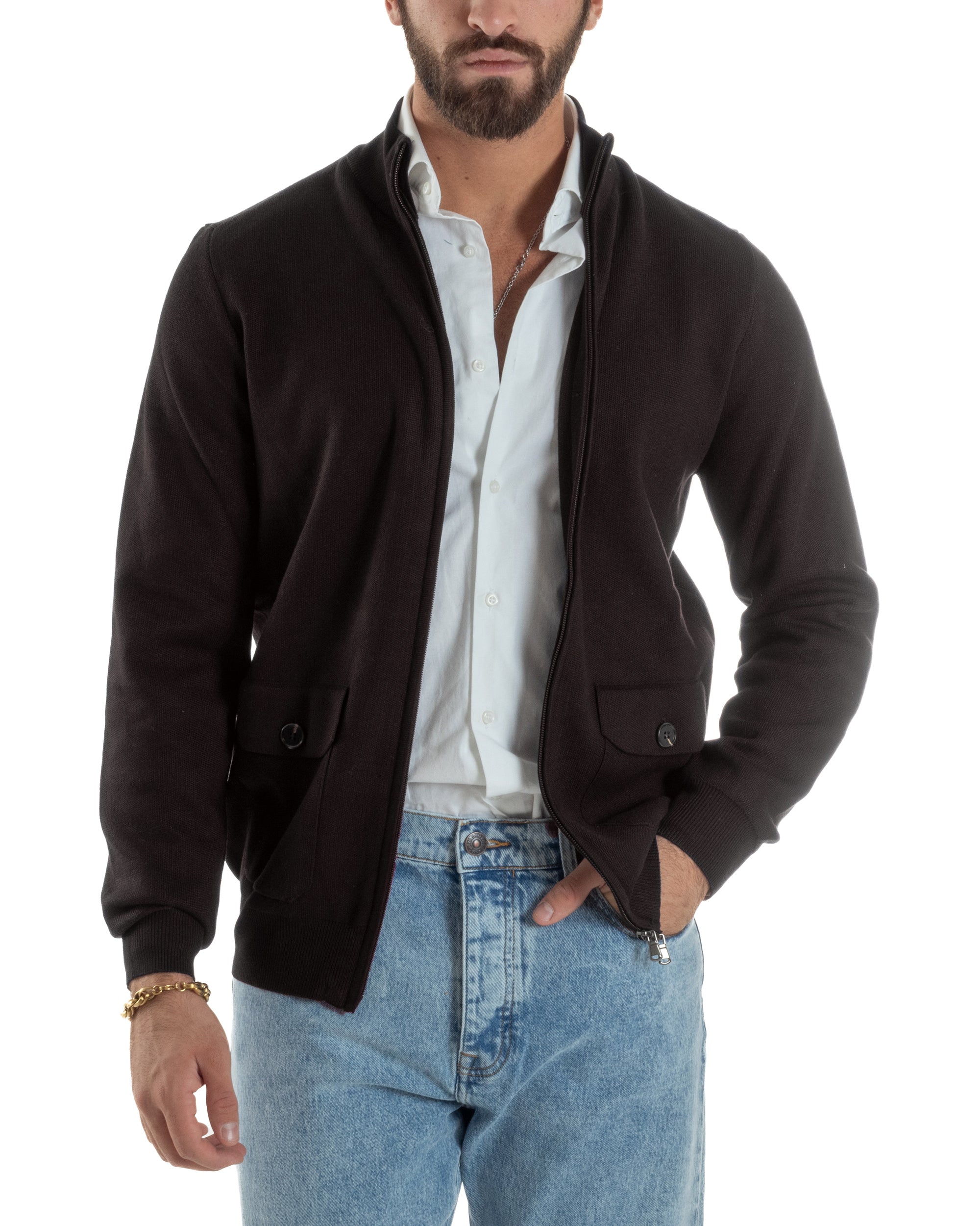 Cardigan uomo ciacca comoda calda maglioncino con collo zip marrone GIOSAL-M3103A