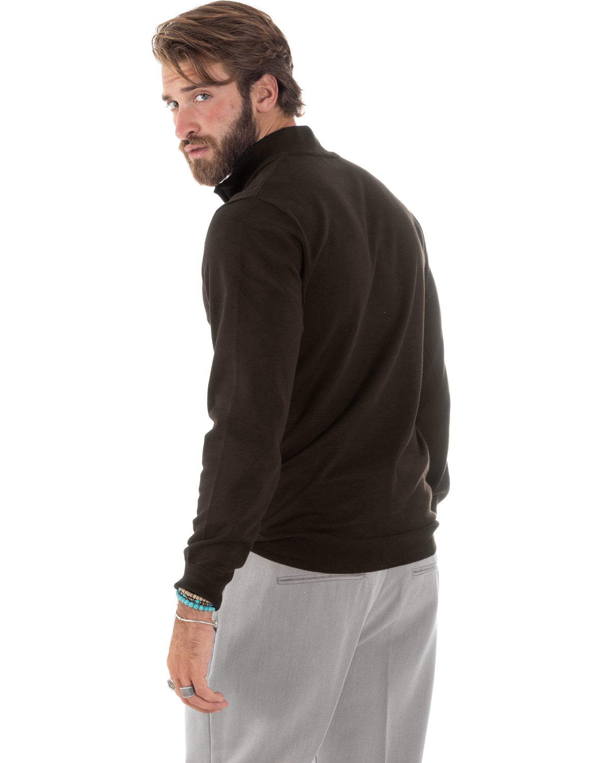 Maglioncino Uomo Maglia Maniche Lunghe Rasata Basic Pullover Mezza Zip Tinta Unita Marrone GIOSAL-M3105A