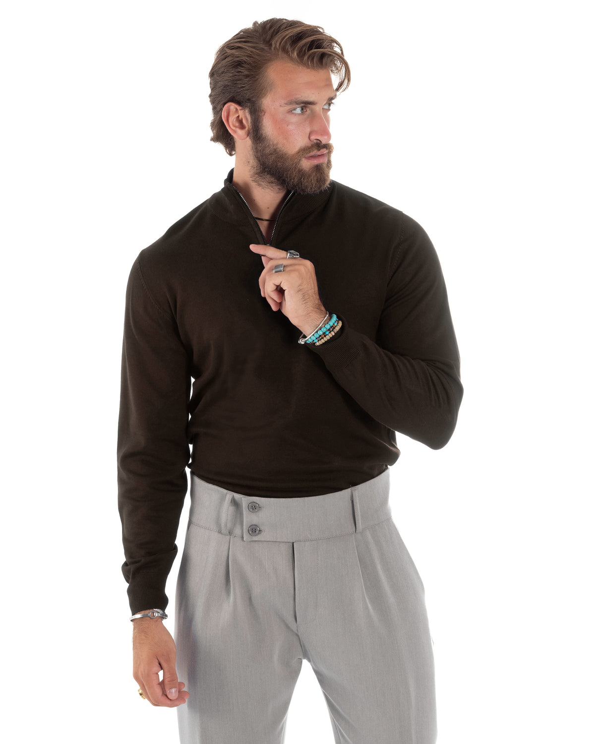 Maglioncino Uomo Maglia Maniche Lunghe Rasata Basic Pullover Mezza Zip Tinta Unita Marrone GIOSAL-M3105A