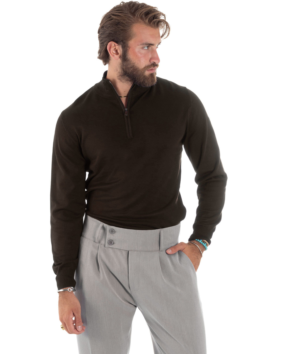 Maglioncino Uomo Maglia Maniche Lunghe Rasata Basic Pullover Mezza Zip Tinta Unita Marrone GIOSAL-M3105A