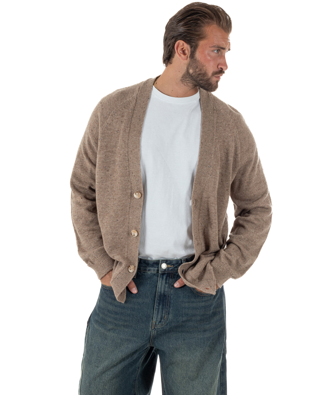 Cardigan uomo filo scollo v maglia giacca bottoni beige BlackSunday-M3106A