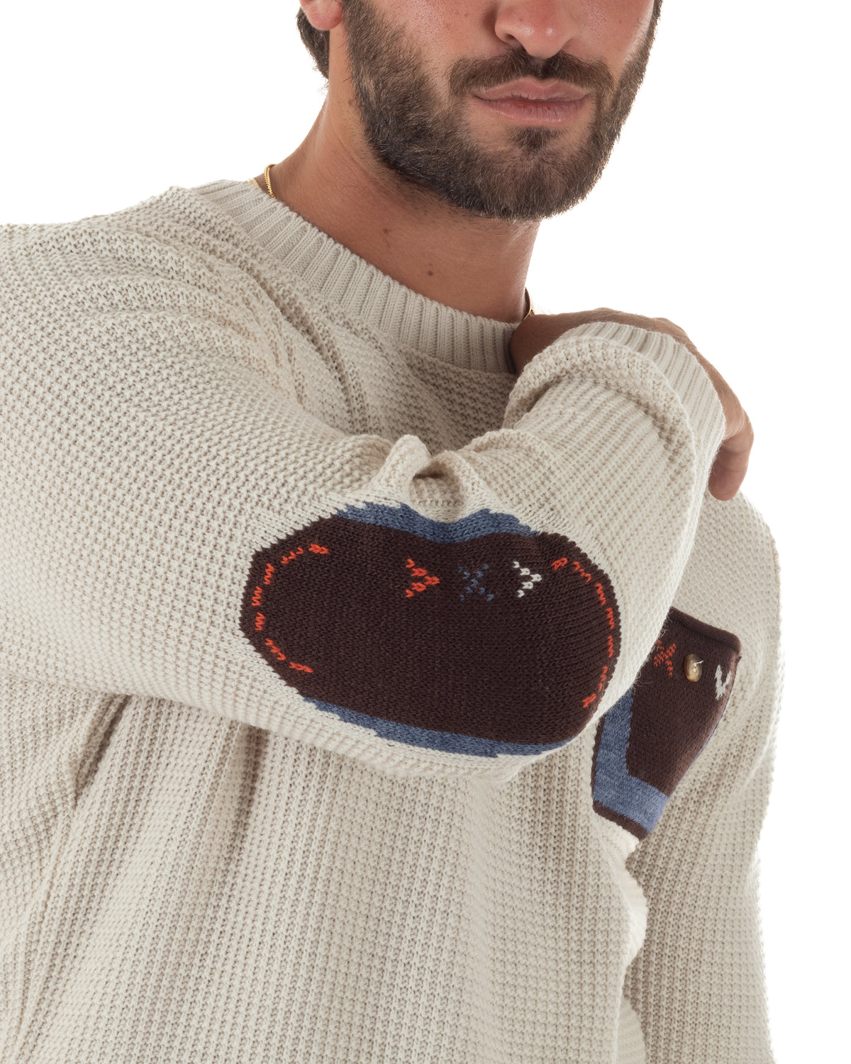 Maglione uomo girocollo maglia inglese con taschino e toppe avorio BlackSunday-M3107A