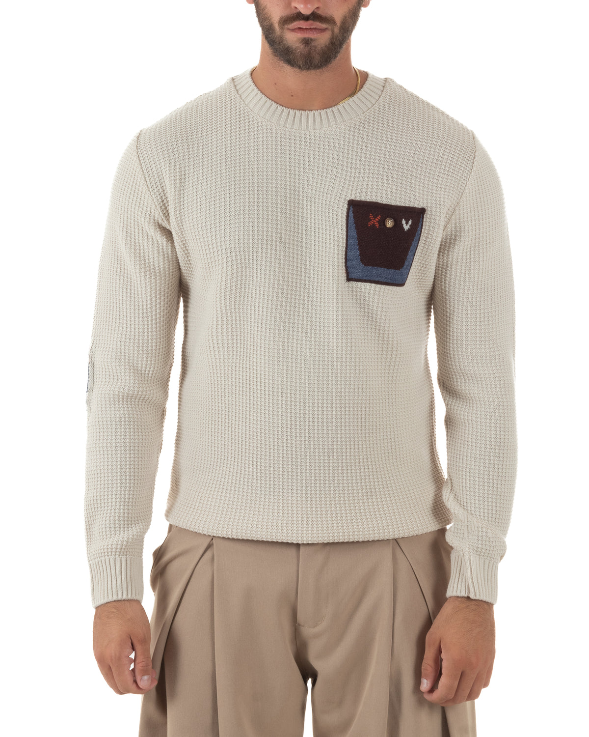 Maglione uomo girocollo maglia inglese con taschino e toppe avorio BlackSunday-M3107A