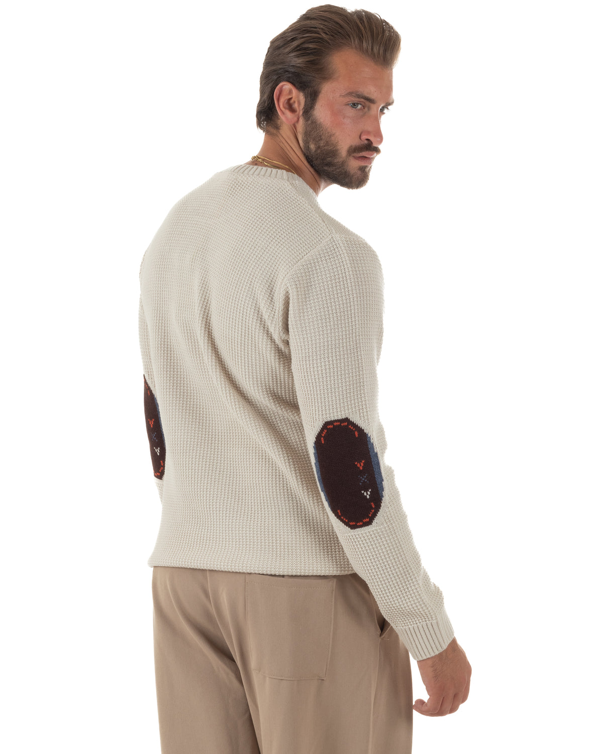 Maglione uomo girocollo maglia inglese con taschino e toppe avorio BlackSunday-M3107A