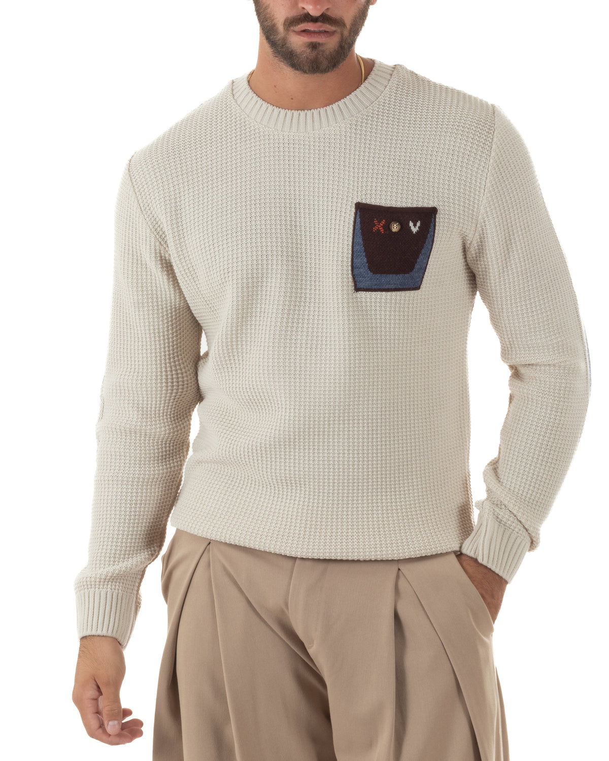 Maglione uomo girocollo maglia inglese con taschino e toppe avorio BlackSunday-M3107A