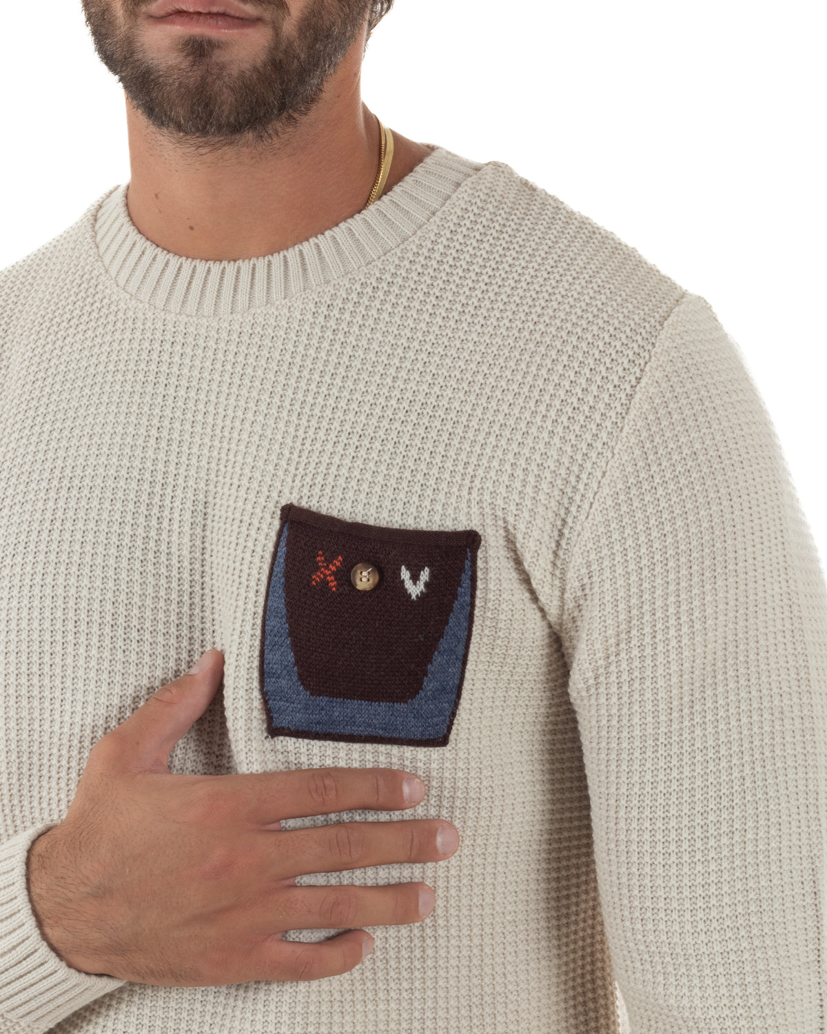 Maglione uomo girocollo maglia inglese con taschino e toppe avorio BlackSunday-M3107A