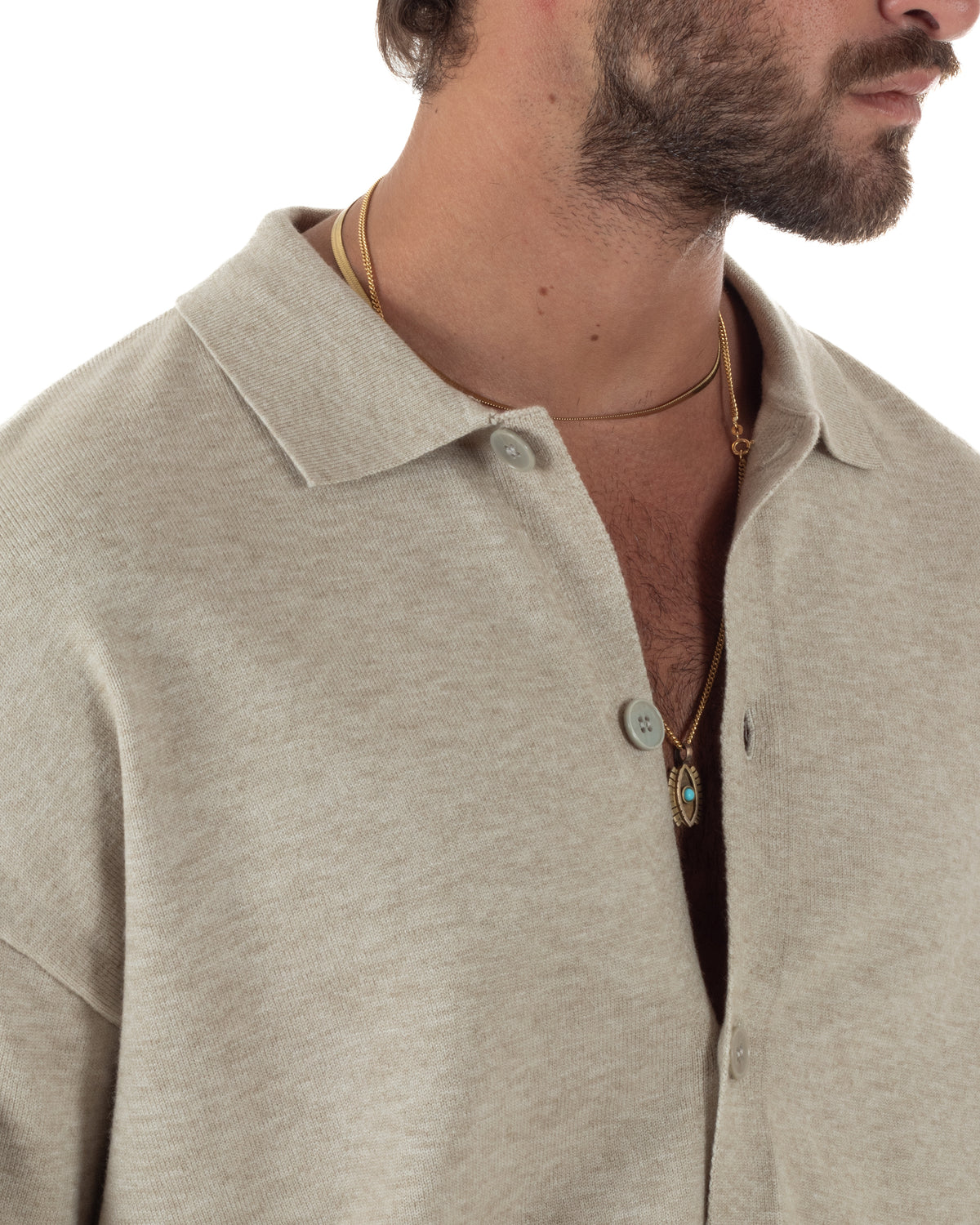 Cardigan uomo con bottoni maglione con colletto polo beige GIOSAL-M3108A