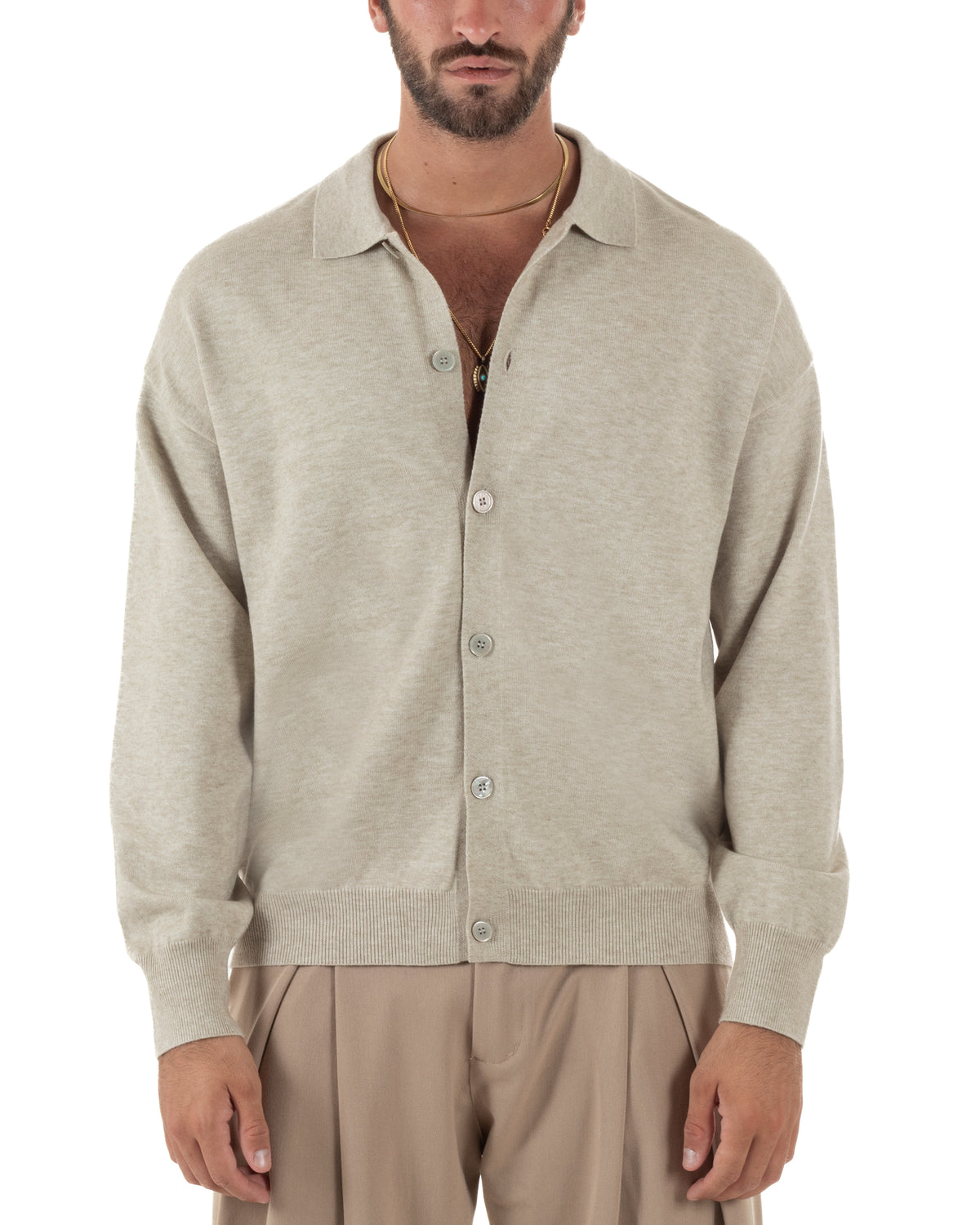 Cardigan uomo con bottoni maglione con colletto polo beige GIOSAL-M3108A